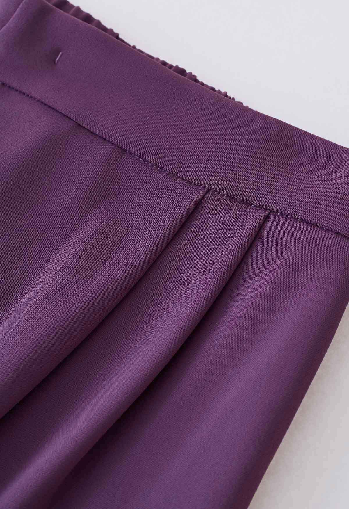 Belted Pleated Straight-Leg Pants in Purple