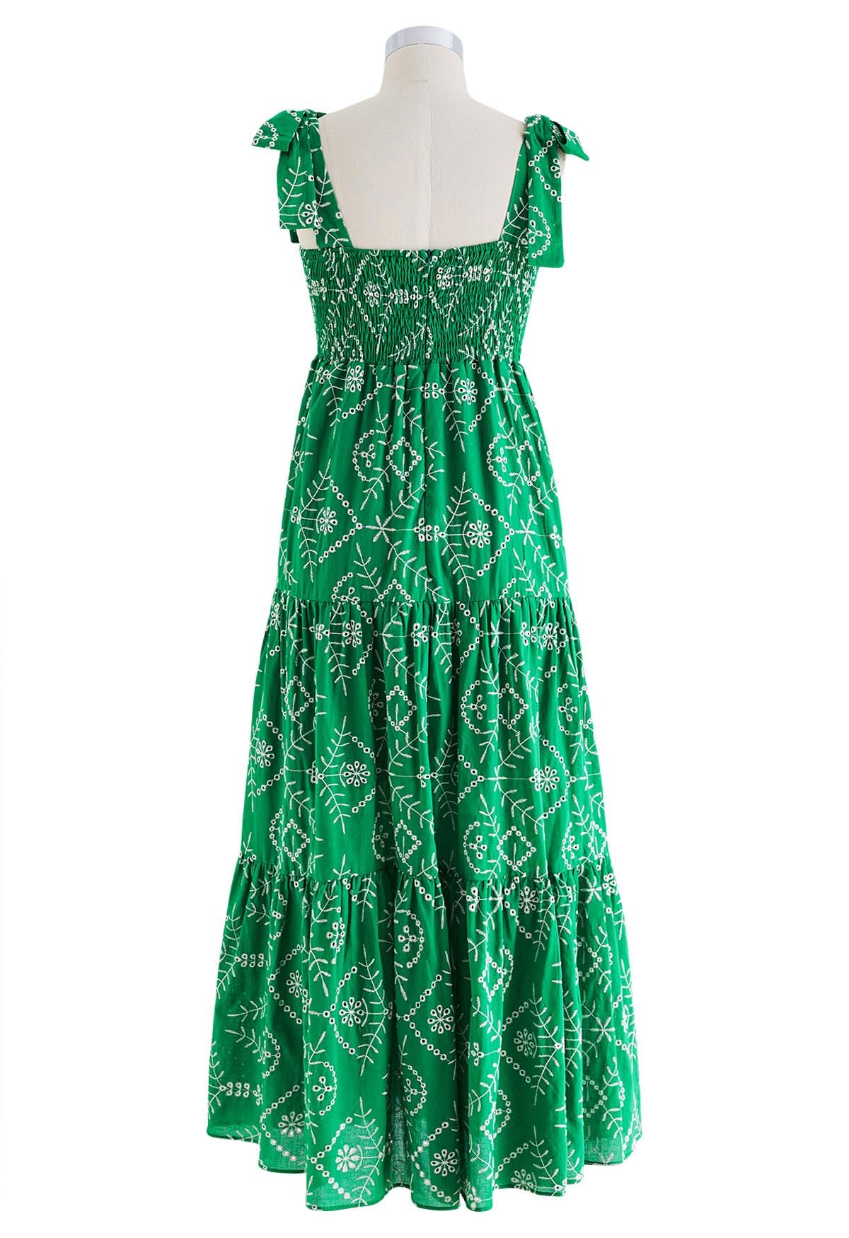 Green Eyelet Embroidered Tie-Strap Maxi Dress - Retro, Indie and Unique ...