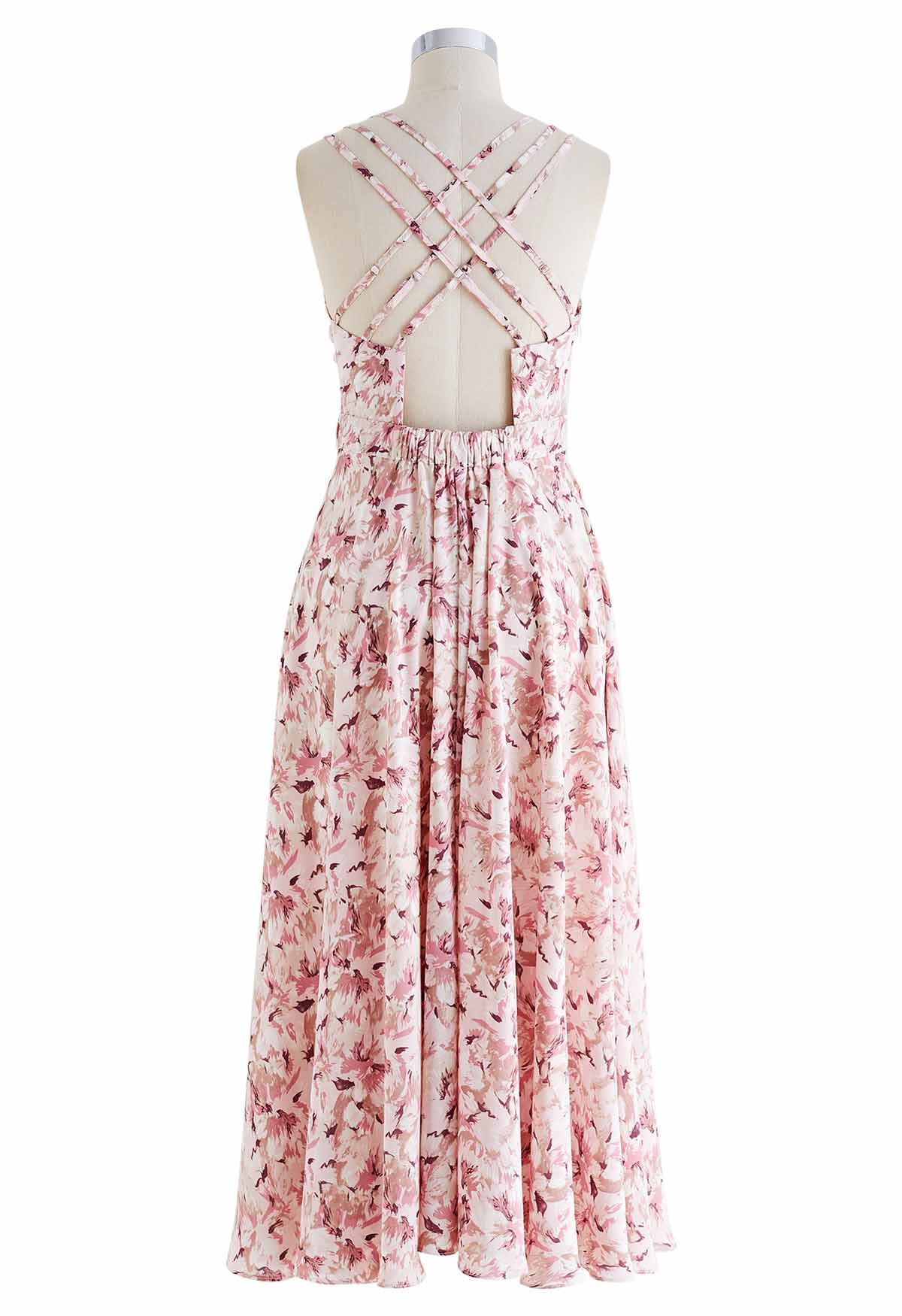 Cross Open Back Floral Printed Cami Midi Dress in Pink