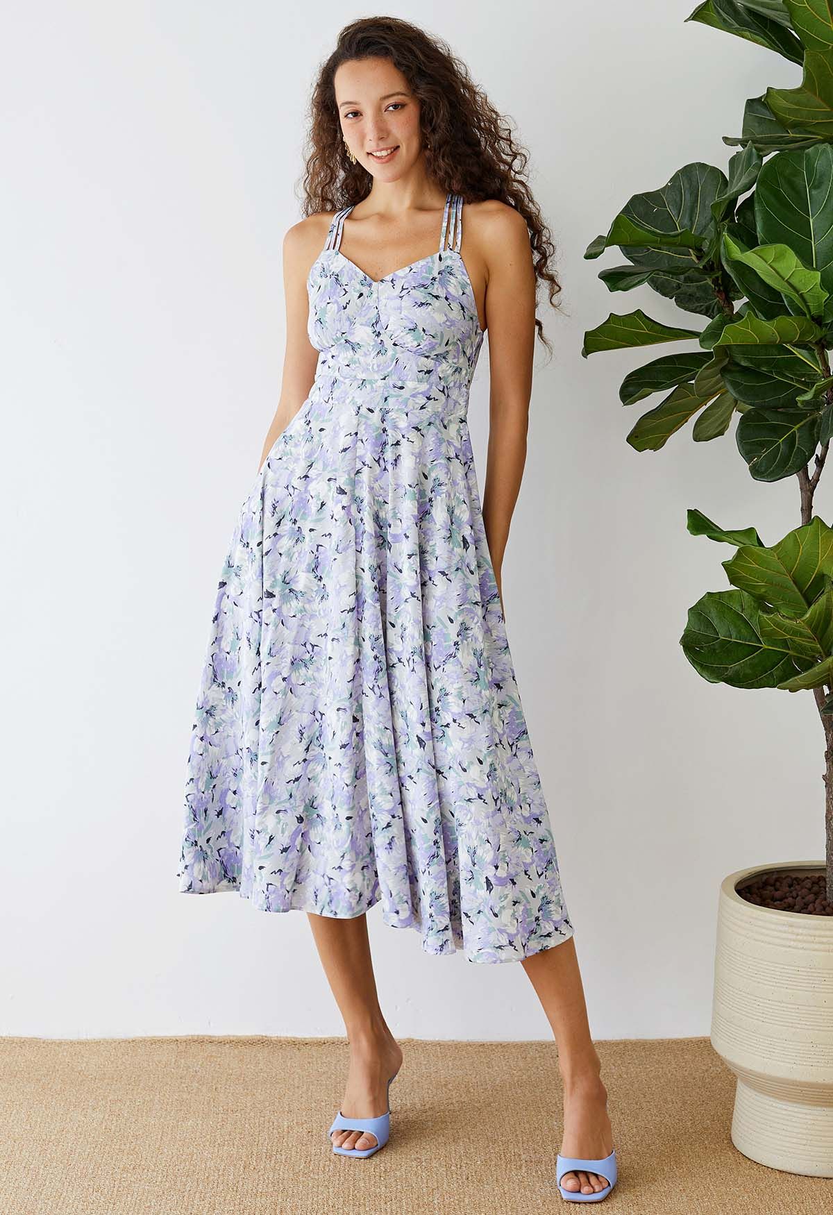 Floral Print Strappy Cami Midi Dress