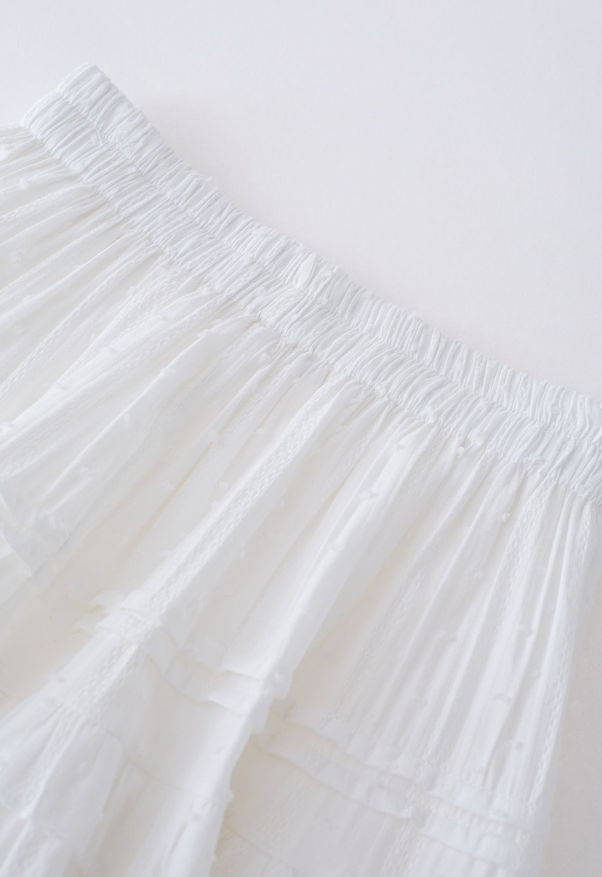 Flock Dot Tiered Ruffle Mini Skirt in White