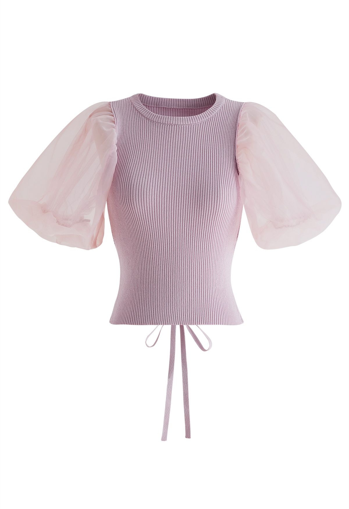 Open Back Bubble Sleeve Spliced Knit Top in Pink