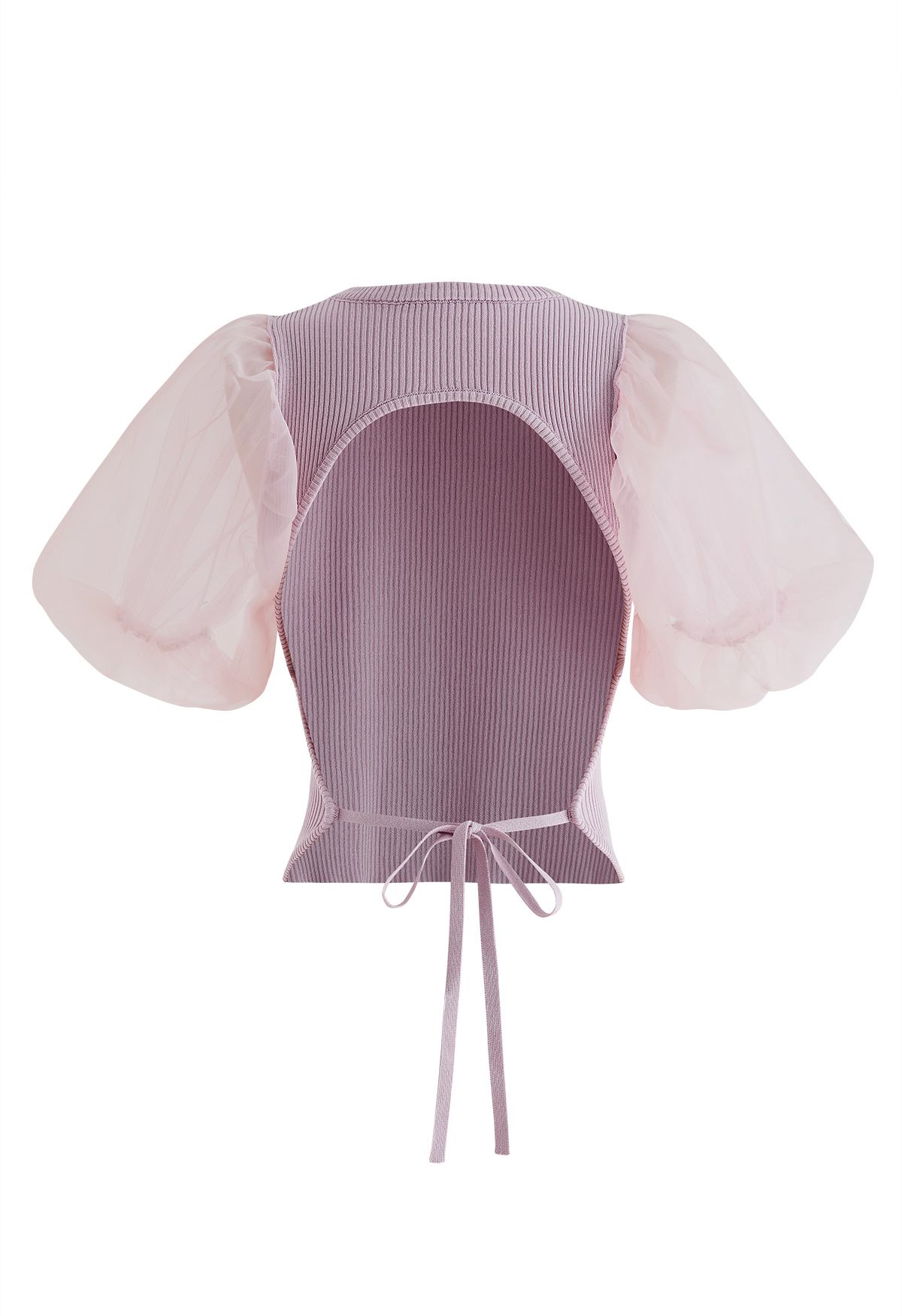 Open Back Bubble Sleeve Spliced Knit Top in Pink