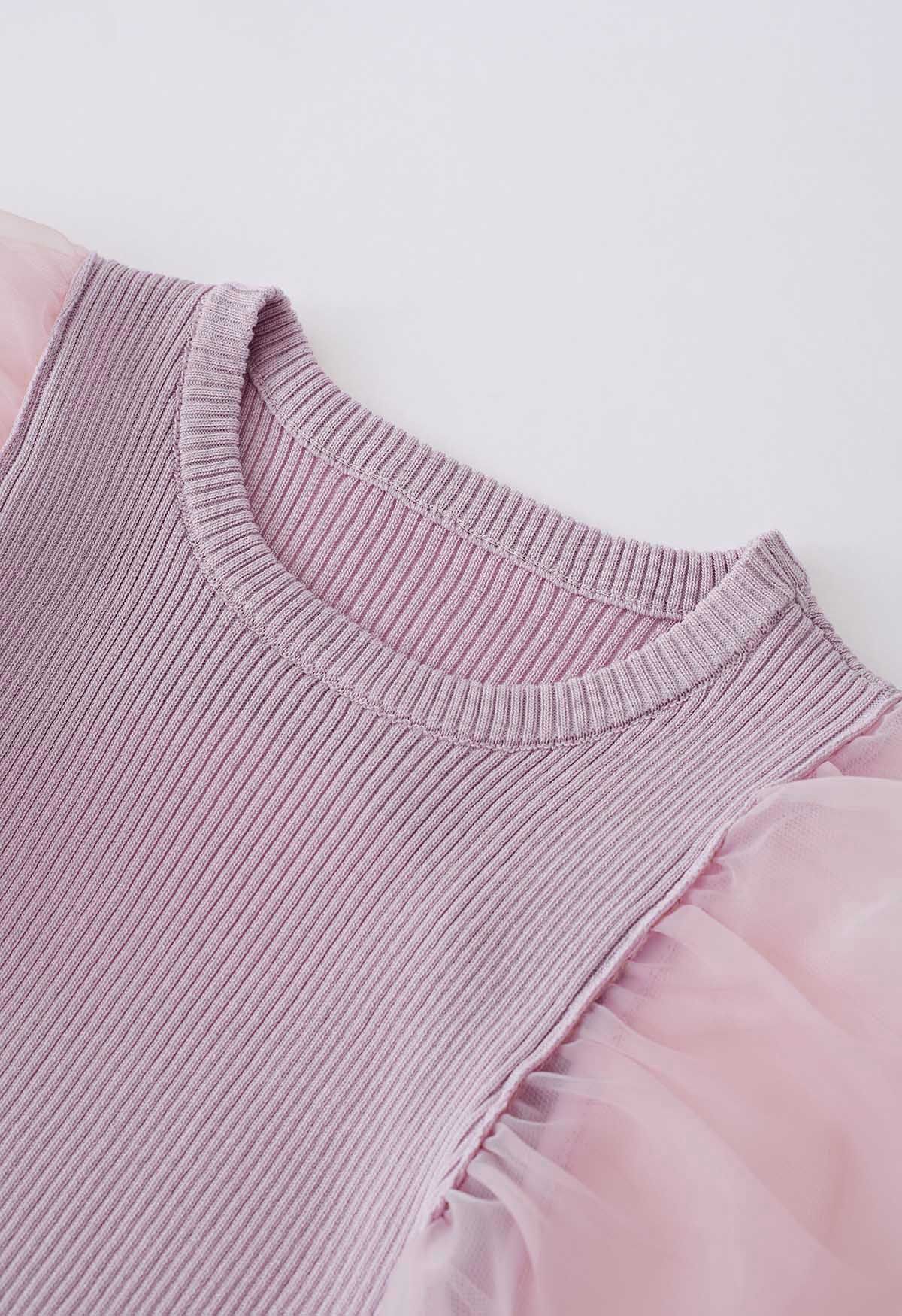 Open Back Bubble Sleeve Spliced Knit Top in Pink