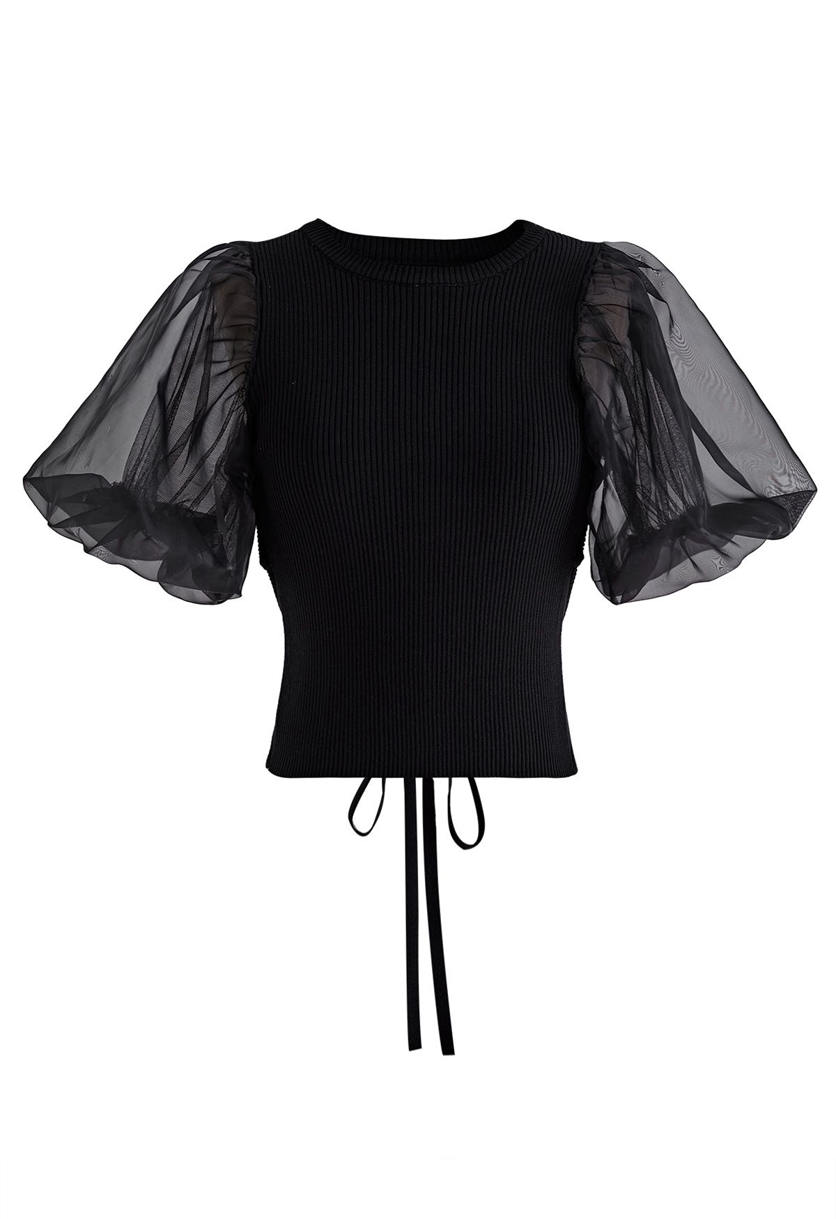 Open Back Bubble Sleeve Spliced Knit Top in Black