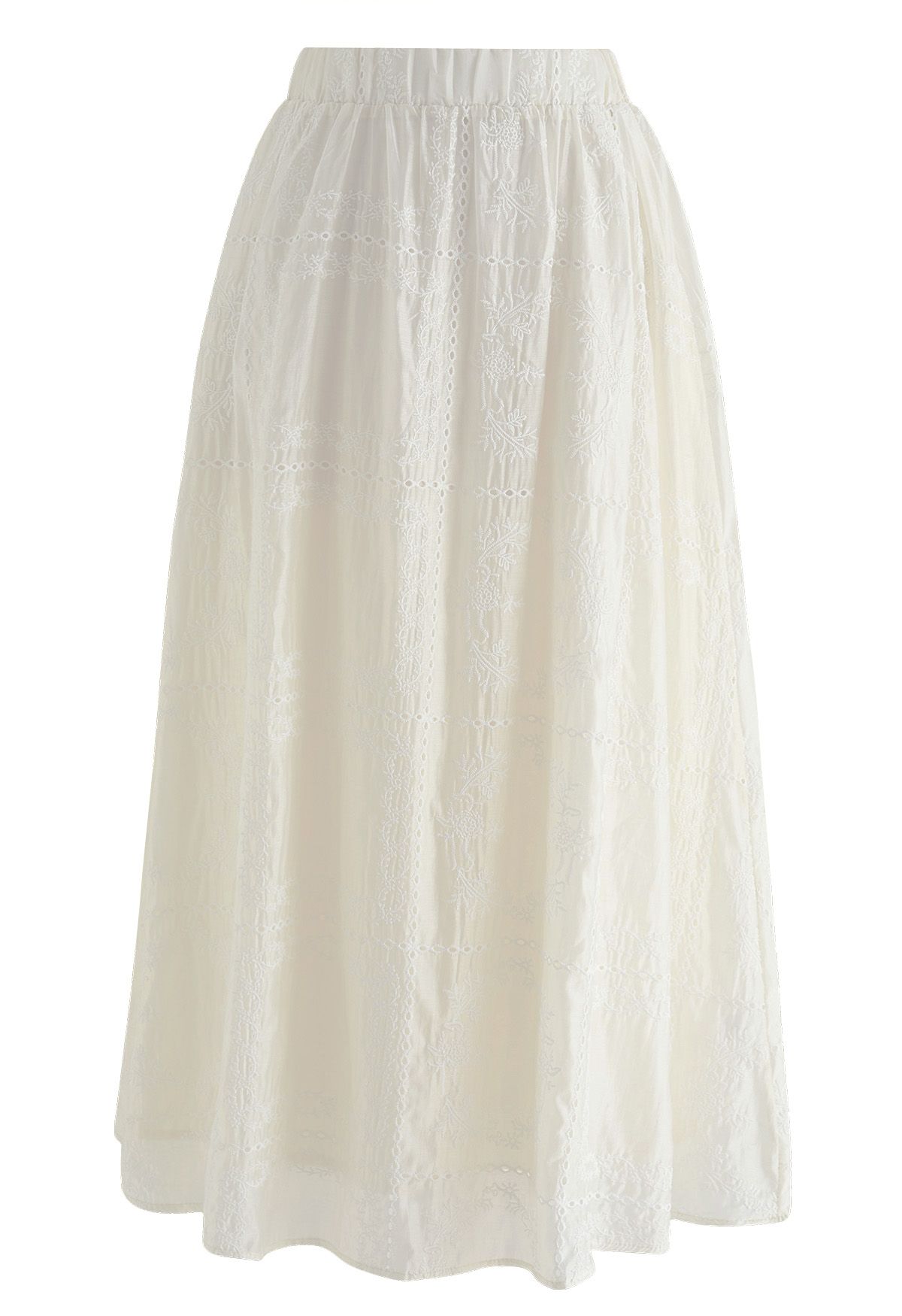 Branch Embroidery Checked Maxi Skirt in Cream