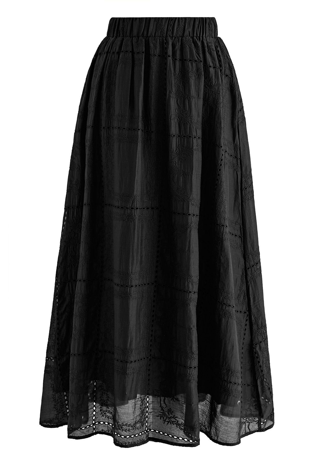 Branch Embroidery Checked Maxi Skirt in Black