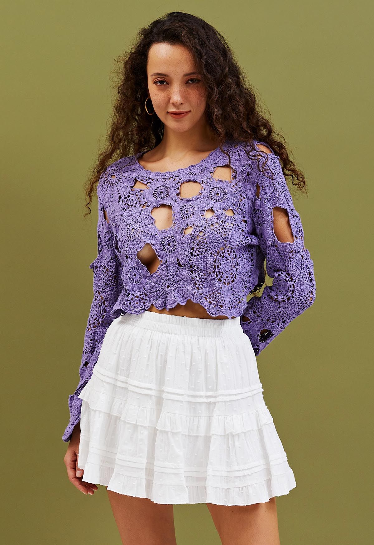 Floral Hand Crochet Crop Top Knitted Flower Long Sleeve Hippie
