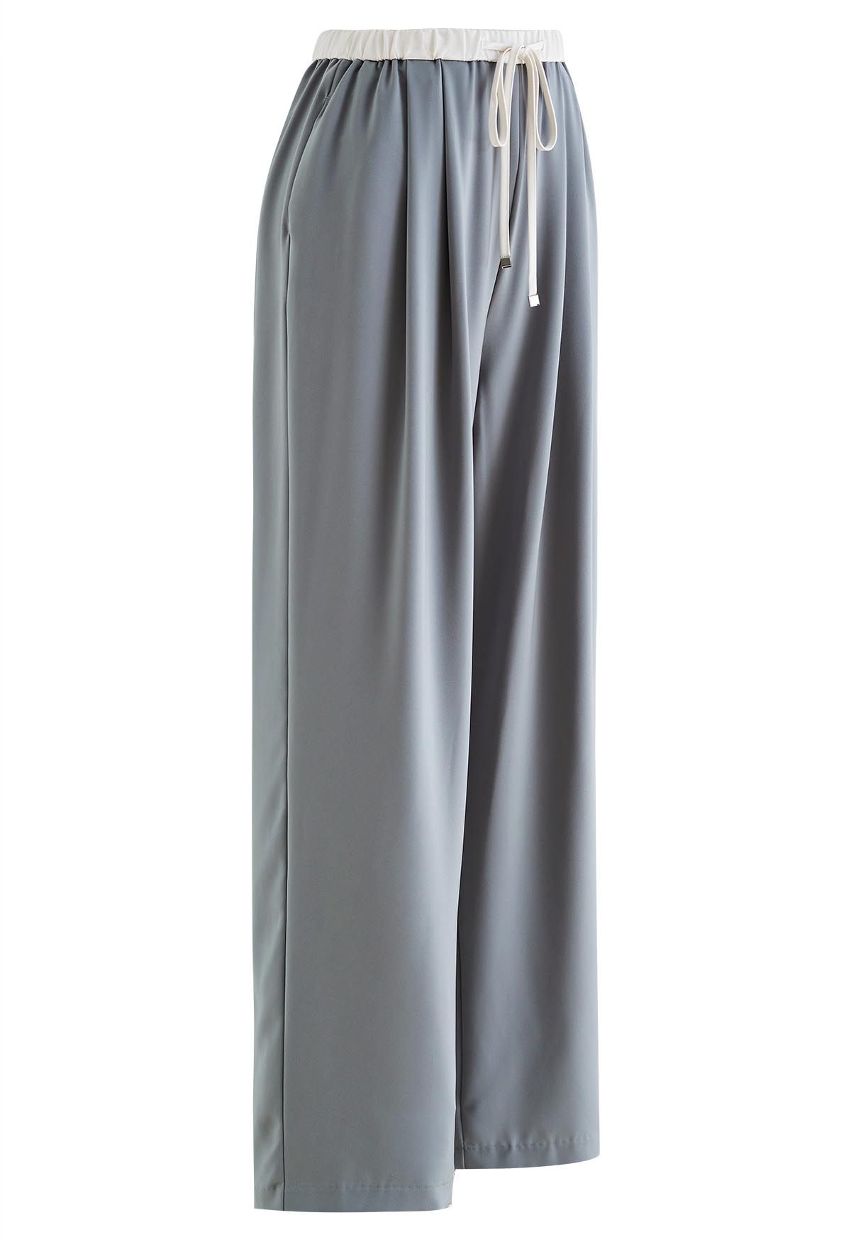 Contrast Waist Satin Pleated Straight-Leg Pants in Dusty Blue