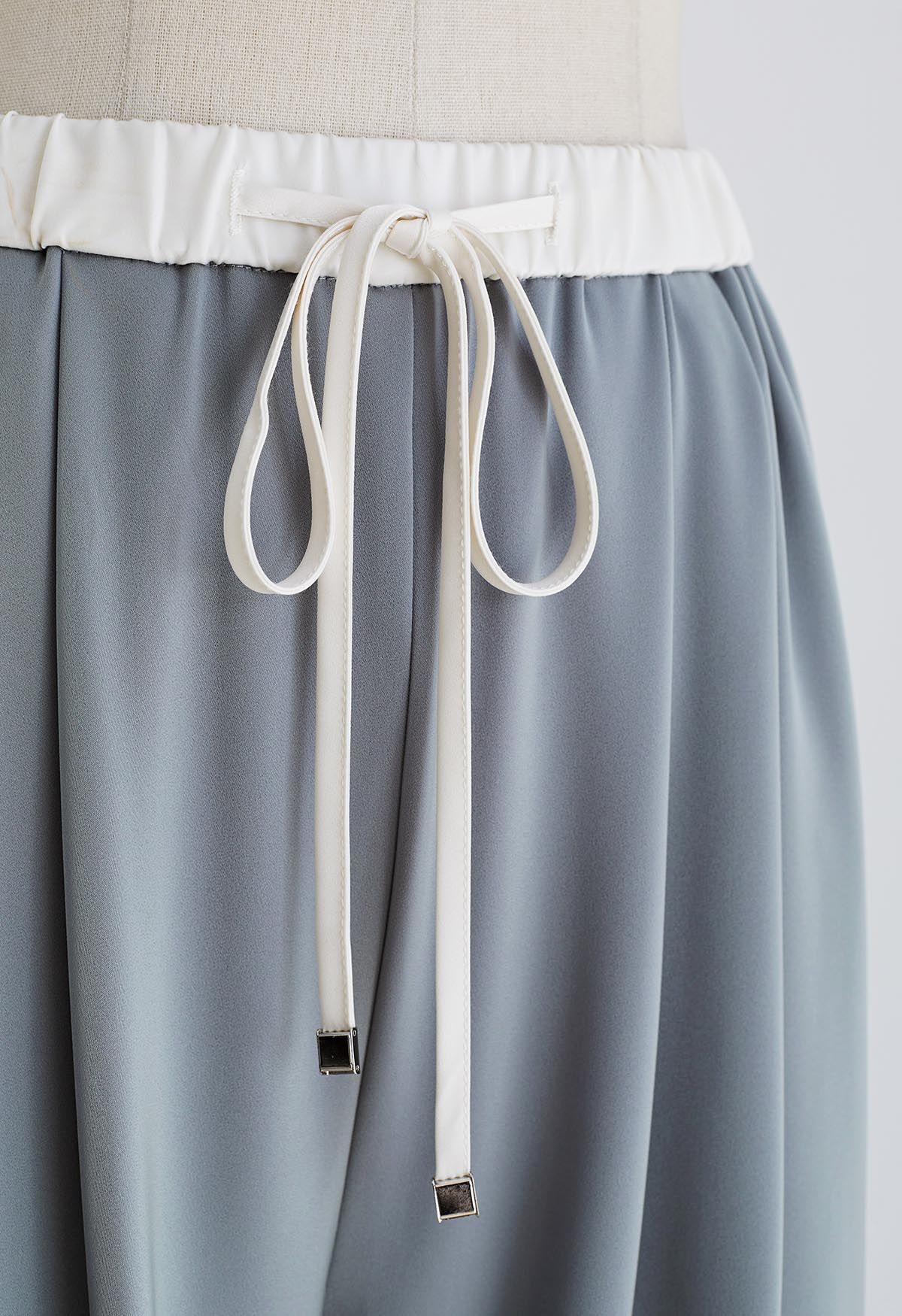 Contrast Waist Satin Pleated Straight-Leg Pants in Dusty Blue