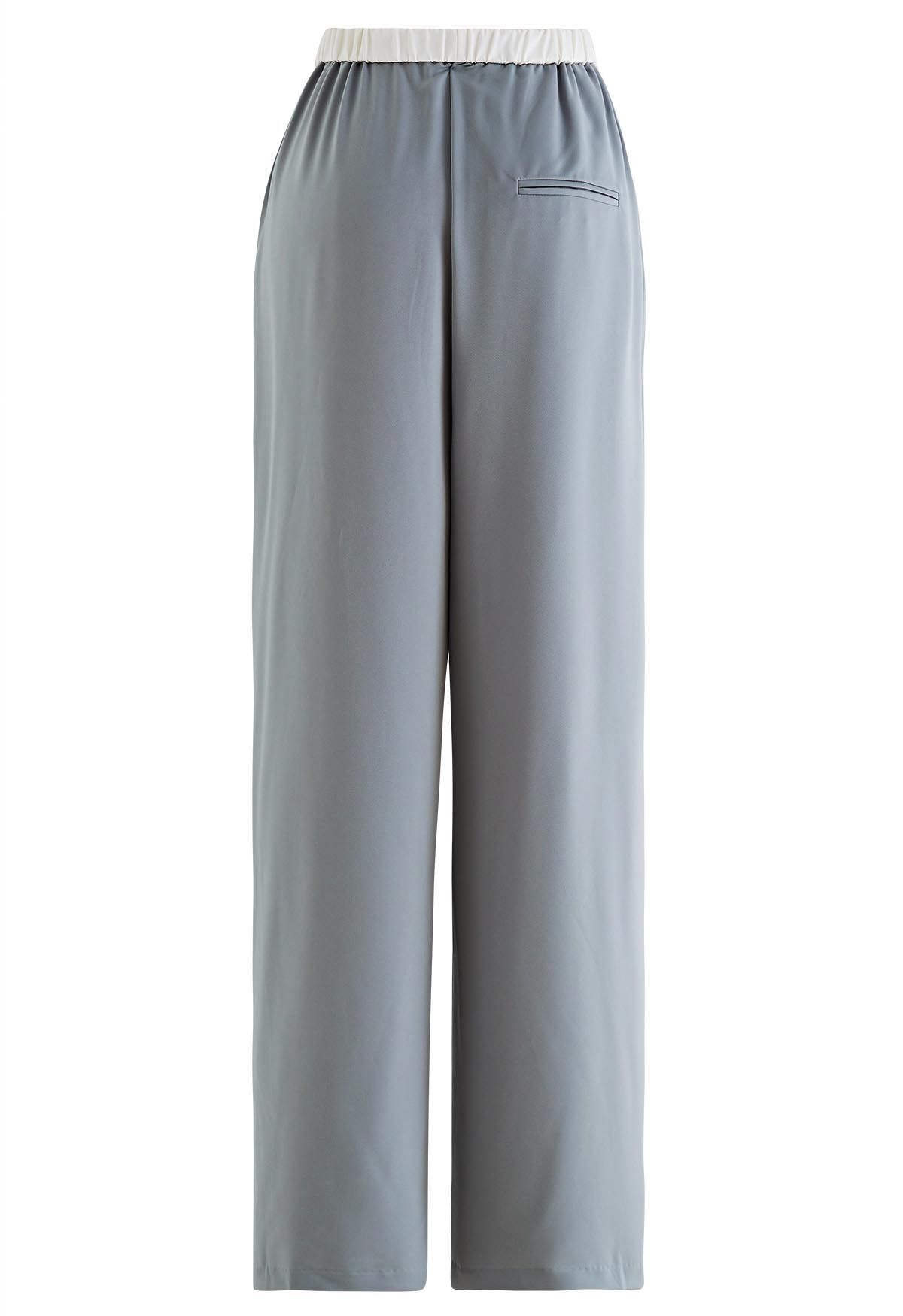 Contrast Waist Satin Pleated Straight-Leg Pants in Dusty Blue