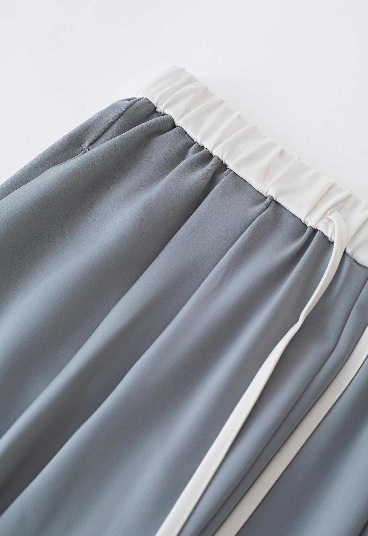 Contrast Waist Satin Pleated Straight-Leg Pants in Dusty Blue