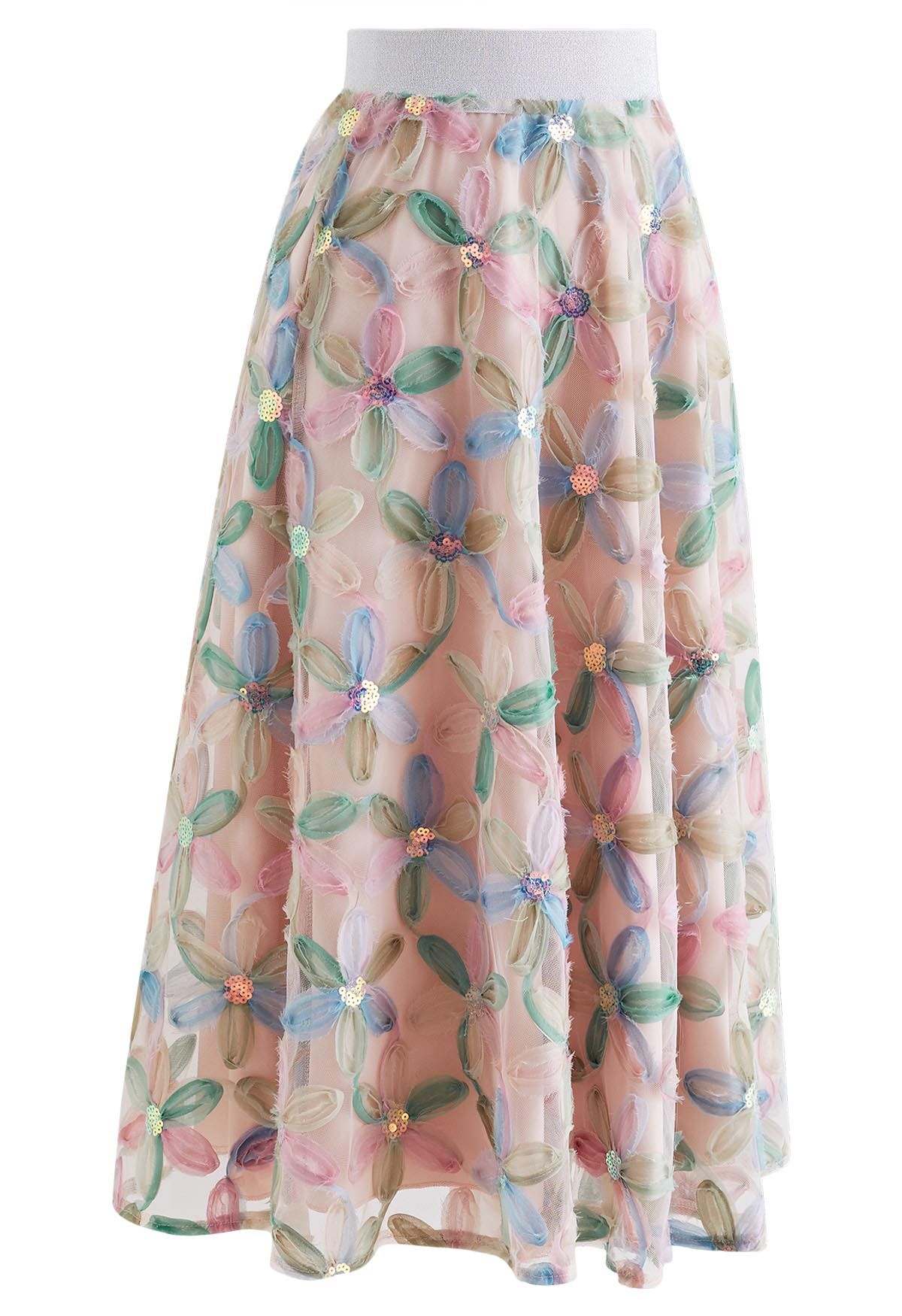 Pastel Mesh Flower Sequined Tulle Midi Skirt