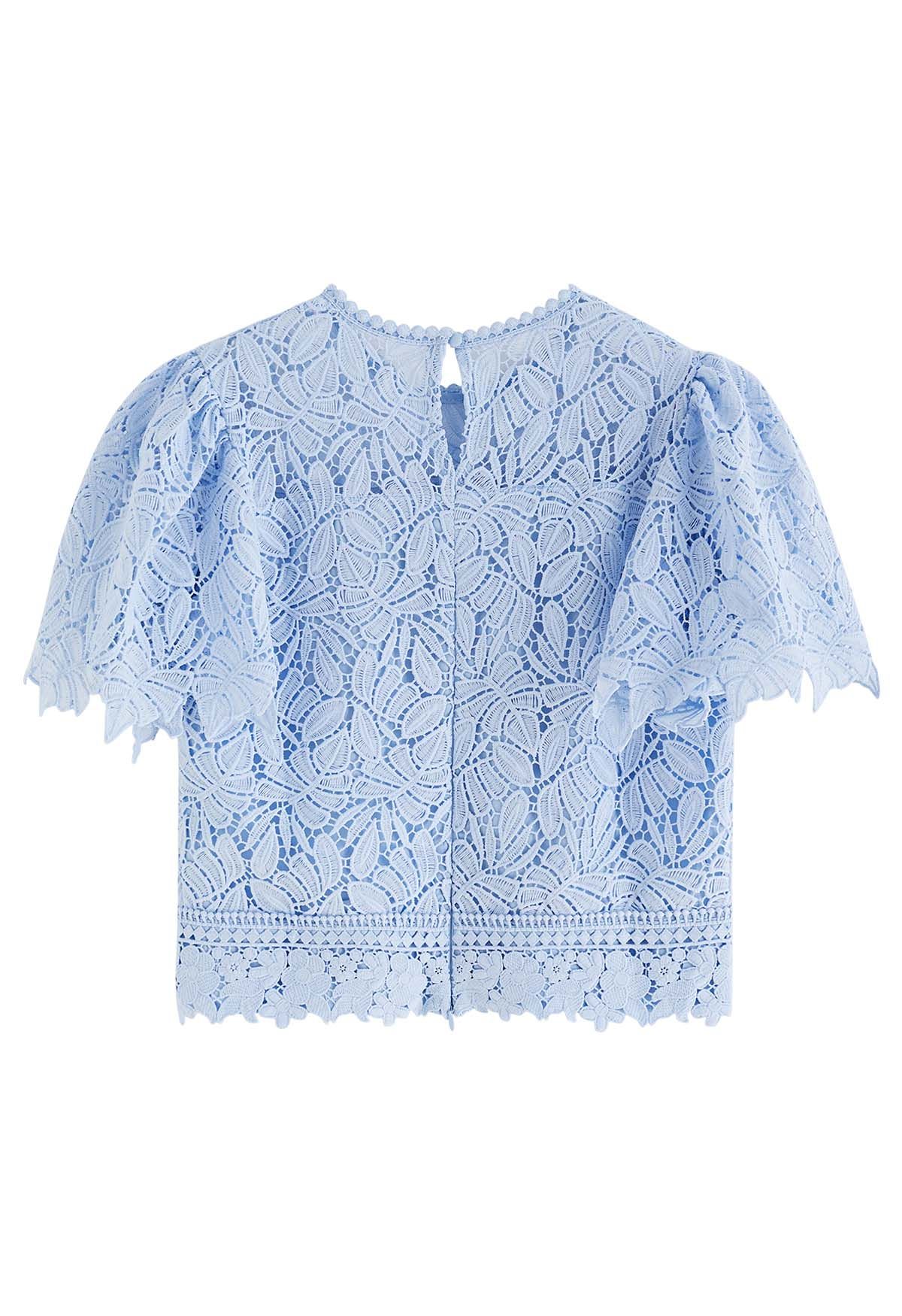 Leaf Cutwork Crochet Puff Sleeve Top in Blue