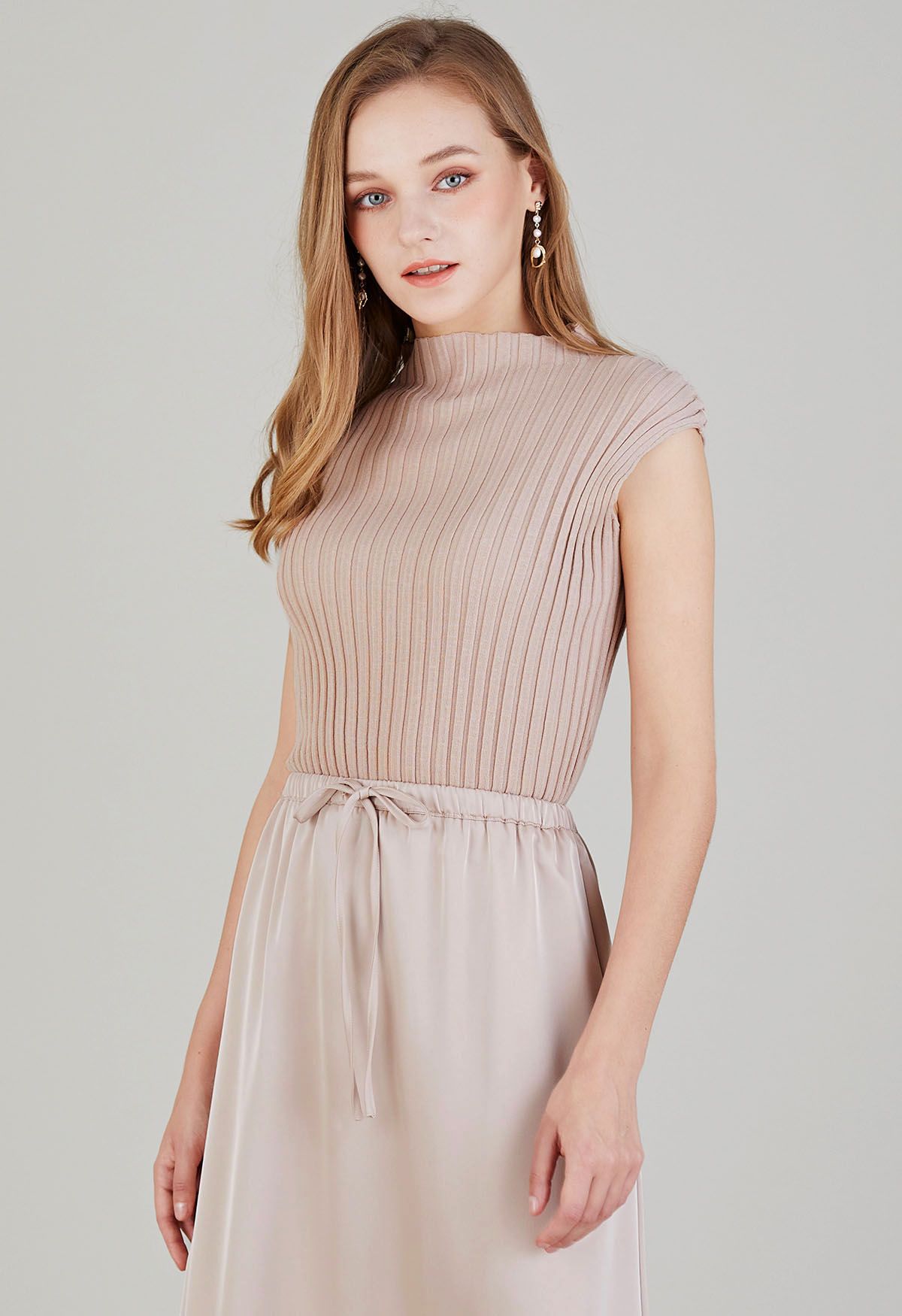 Mock Neck Sleeveless Rib Knit Top in Dusty Pink