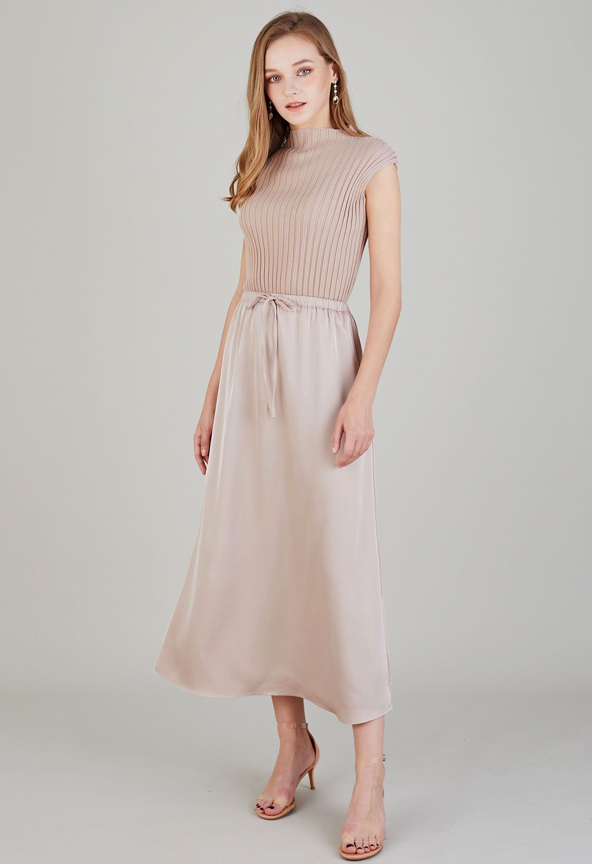 Elastic Drawstring Waist Satin Maxi Skirt in Blush