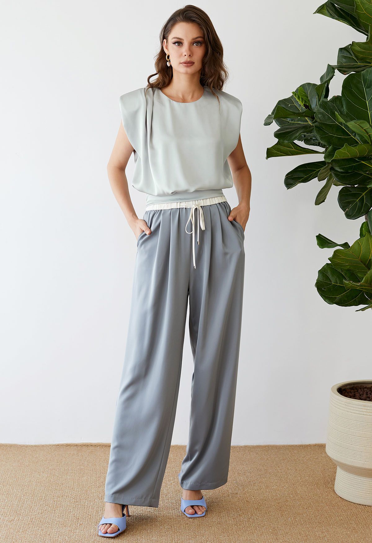 Contrast Waist Satin Pleated Straight-Leg Pants in Dusty Blue