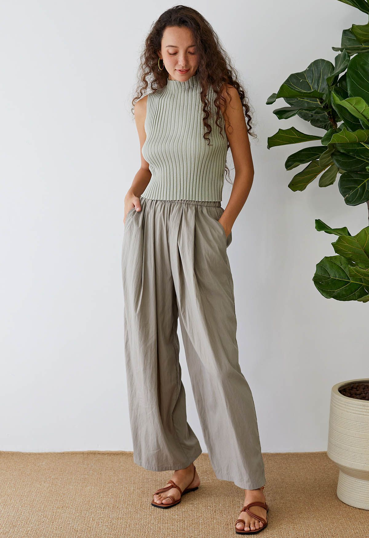 Mock Neck Sleeveless Rib Knit Top in Sage