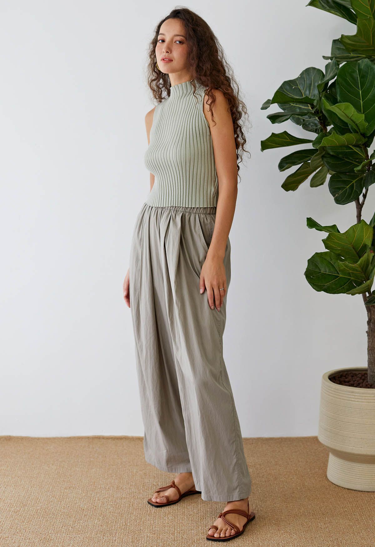 Mock Neck Sleeveless Rib Knit Top in Sage