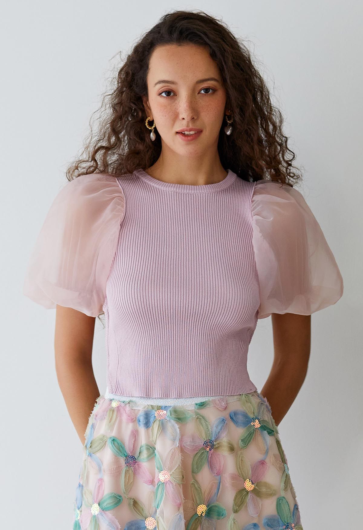 Open Back Bubble Sleeve Spliced Knit Top in Pink