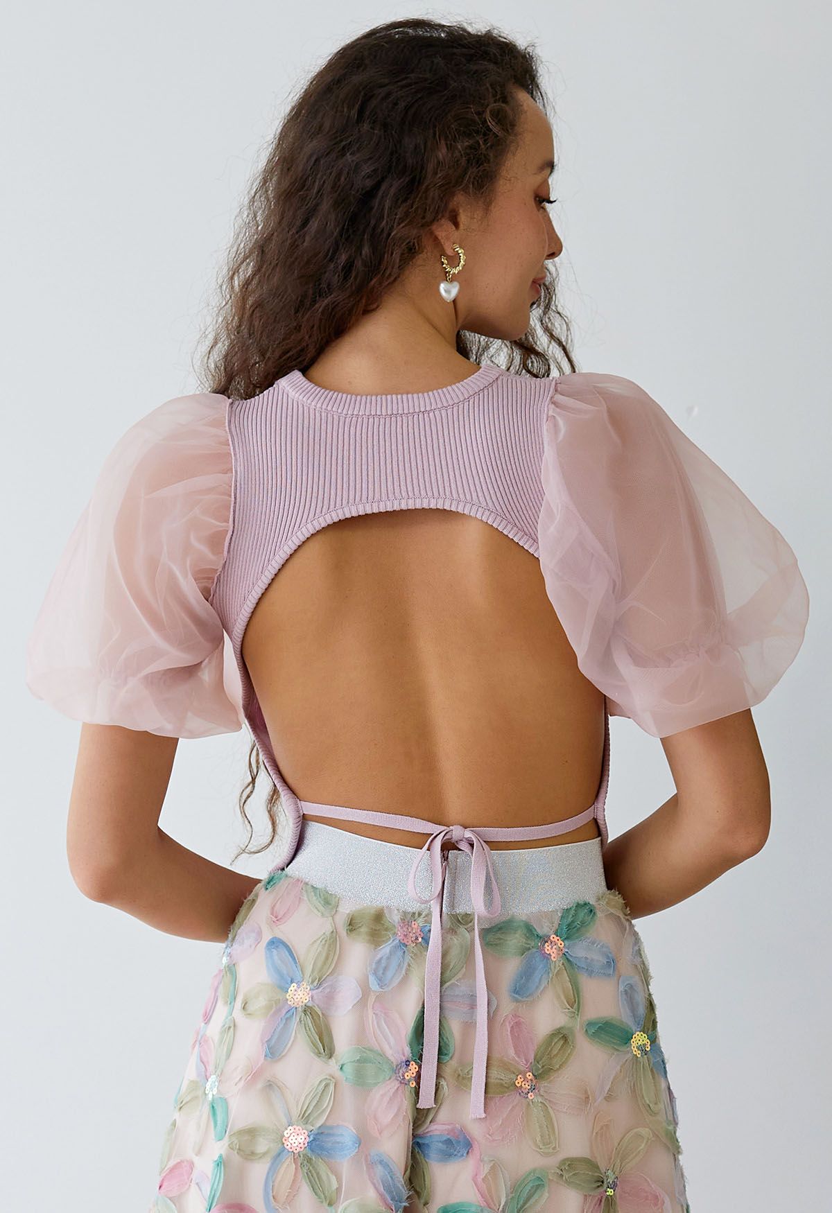 Open Back Bubble Sleeve Spliced Knit Top in Pink