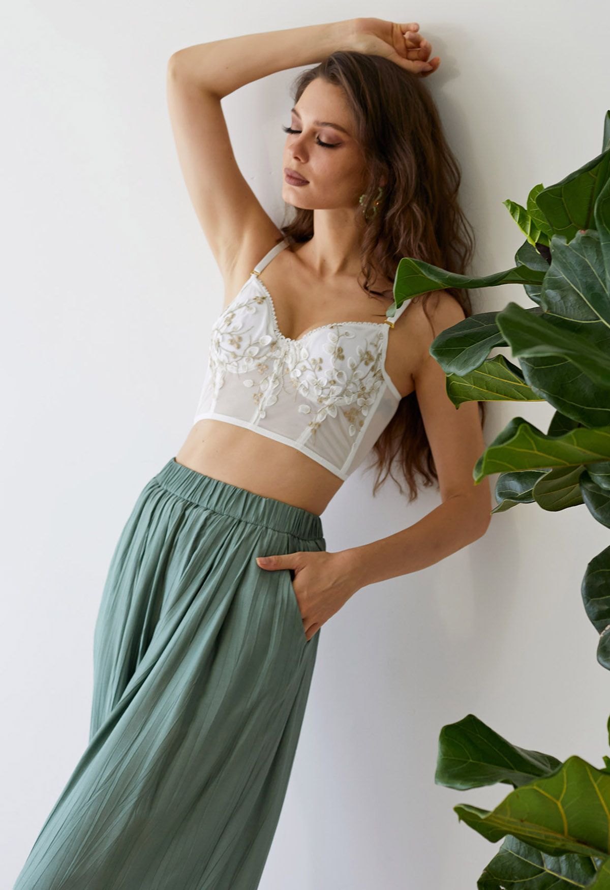 Branch Embroidered Mesh Bra Top in White - Retro, Indie and Unique