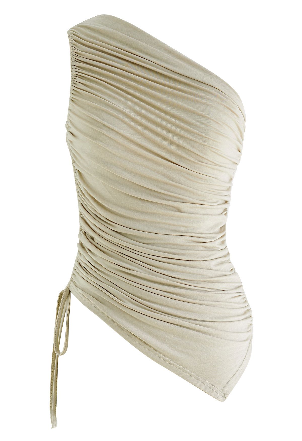 One Shoulder Drawstring Ruched Top in Sand