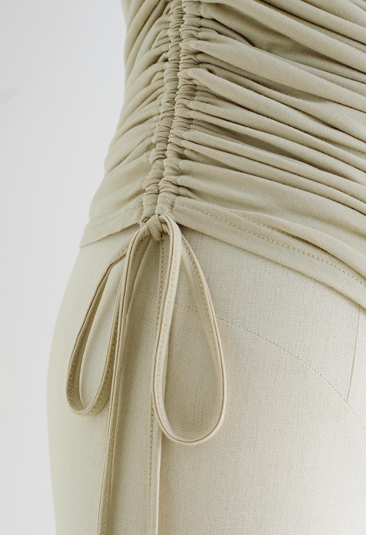 One Shoulder Drawstring Ruched Top in Sand