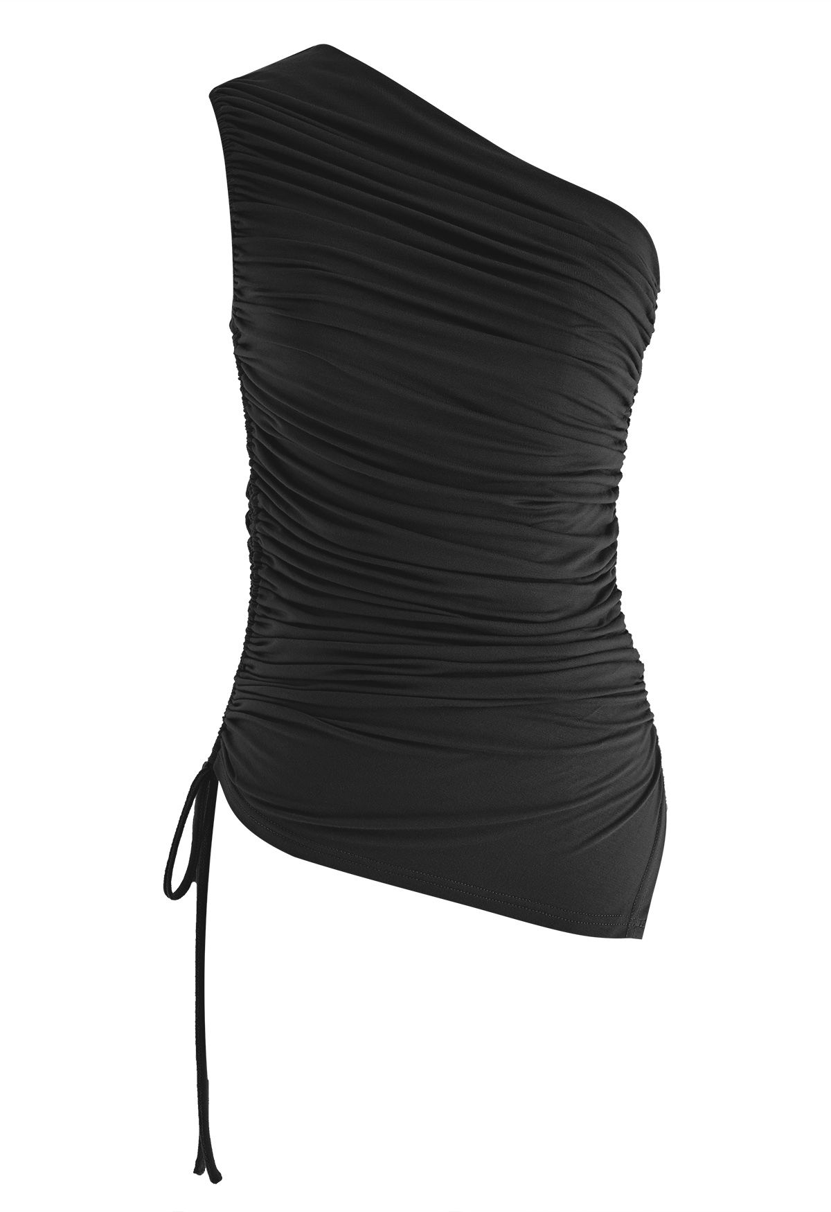 One Shoulder Drawstring Ruched Top in Black