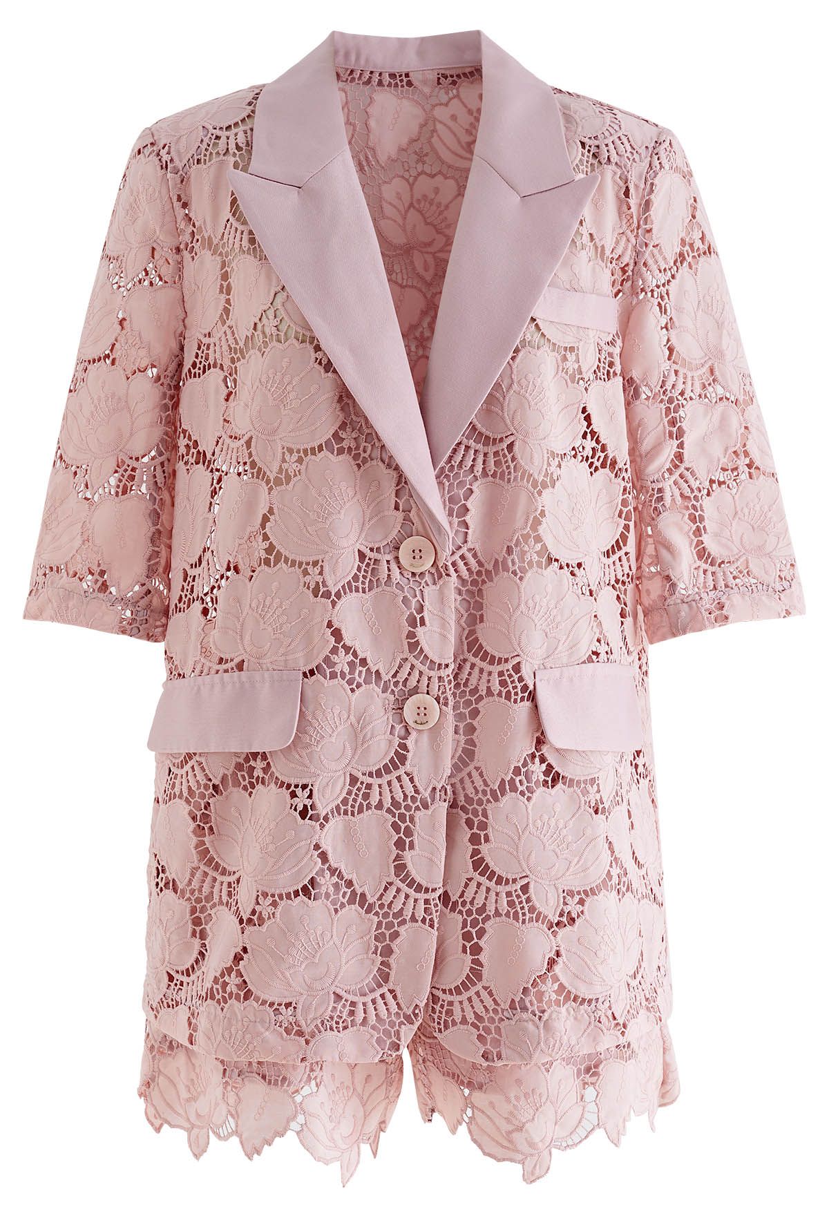 Floral Cutwork Crochet Blazer and Shorts Set in Pink Retro, Indie and