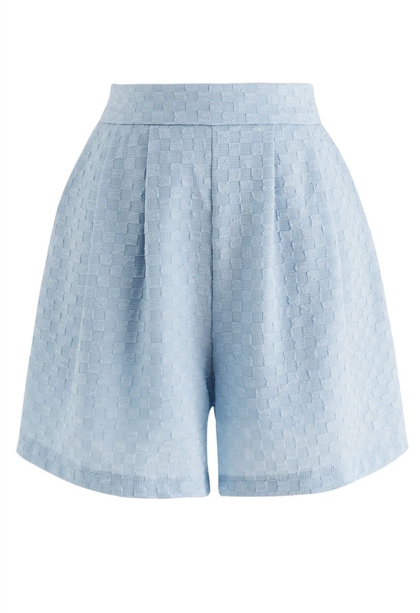 Fake Flap Pockets Button Down Top and Shorts Set in Blue