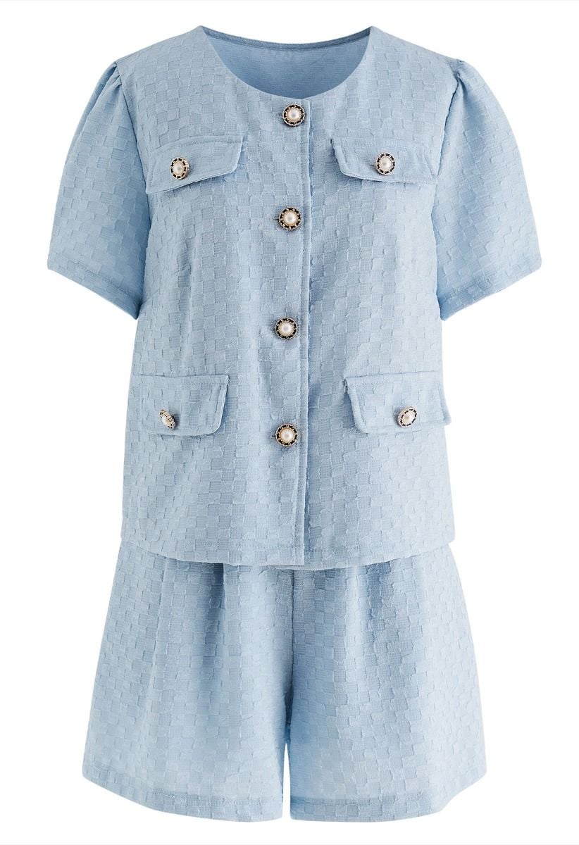 Fake Flap Pockets Button Down Top and Shorts Set in Blue