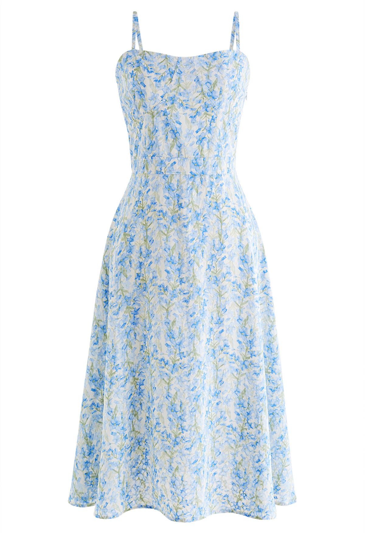 Petal Embroidered Shirred Bust Cami Dress in Blue - Retro, Indie and Unique  Fashion