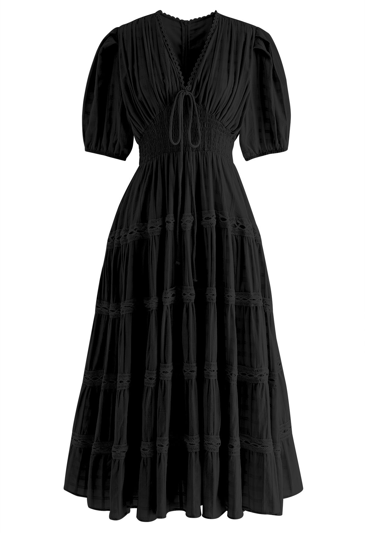 Scalloped V-Neck Checked Midi Dress in Black - Retro, Indie and Unique ...