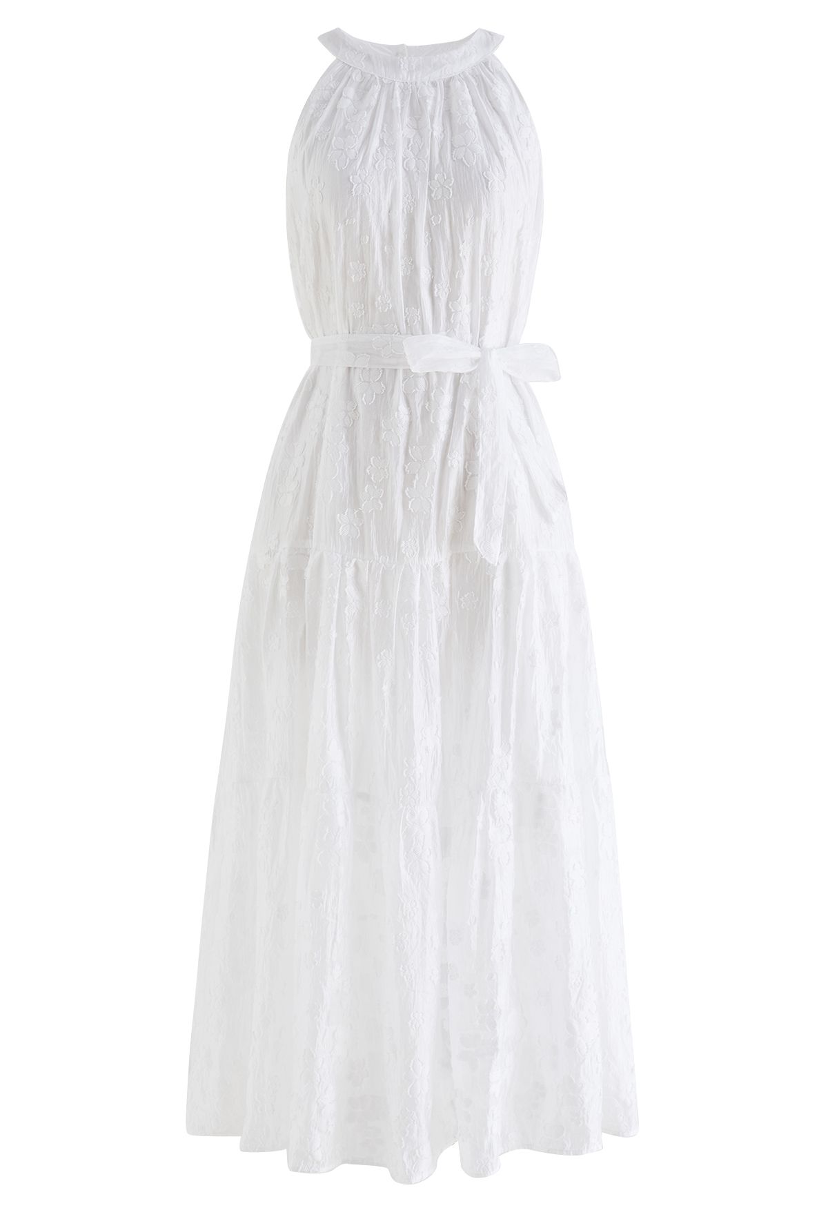 Breezy Floral Jacquard Halter Neck Midi Dress in White