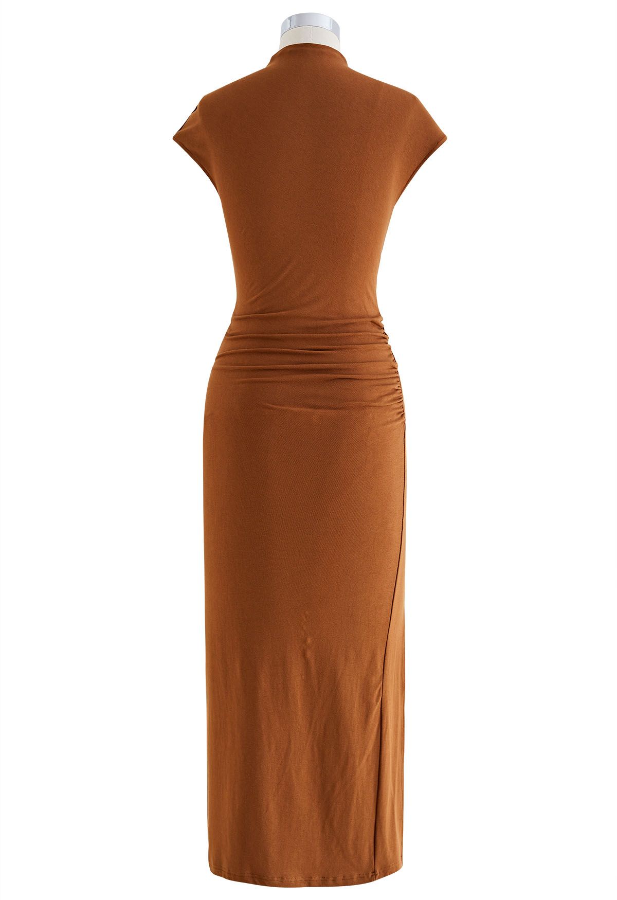 Mock Neck Side Slit Ruched Bodycon Dress in Caramel