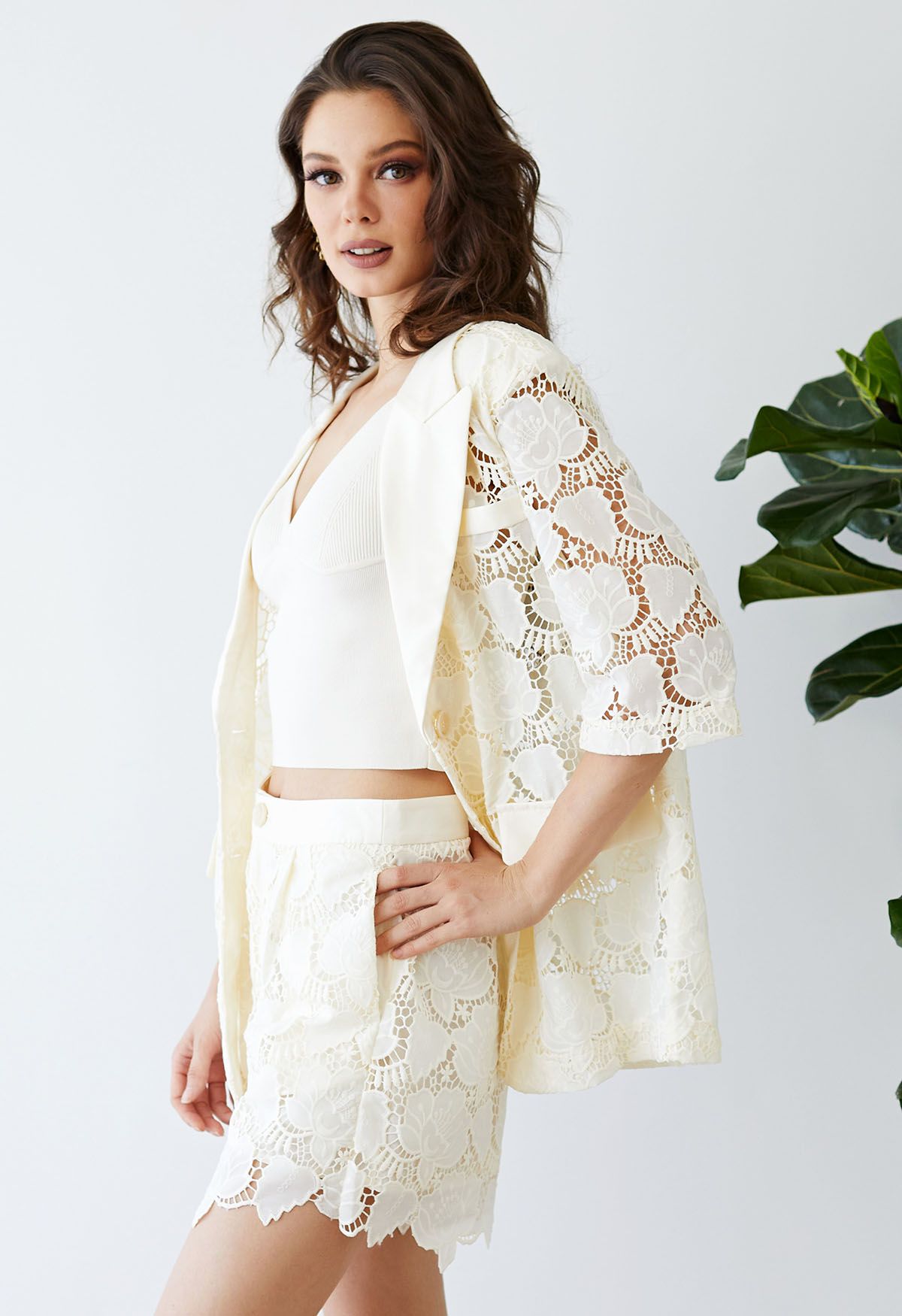 Floral Cutwork Crochet Blazer and Shorts Set in Cream