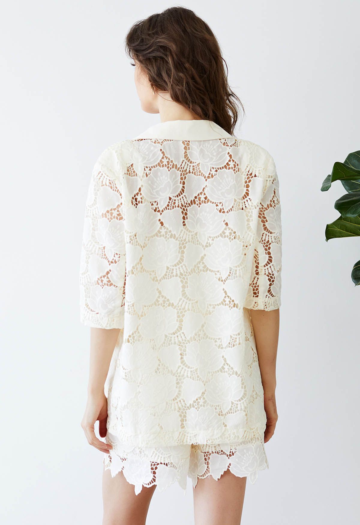 Floral Cutwork Crochet Blazer and Shorts Set in Cream