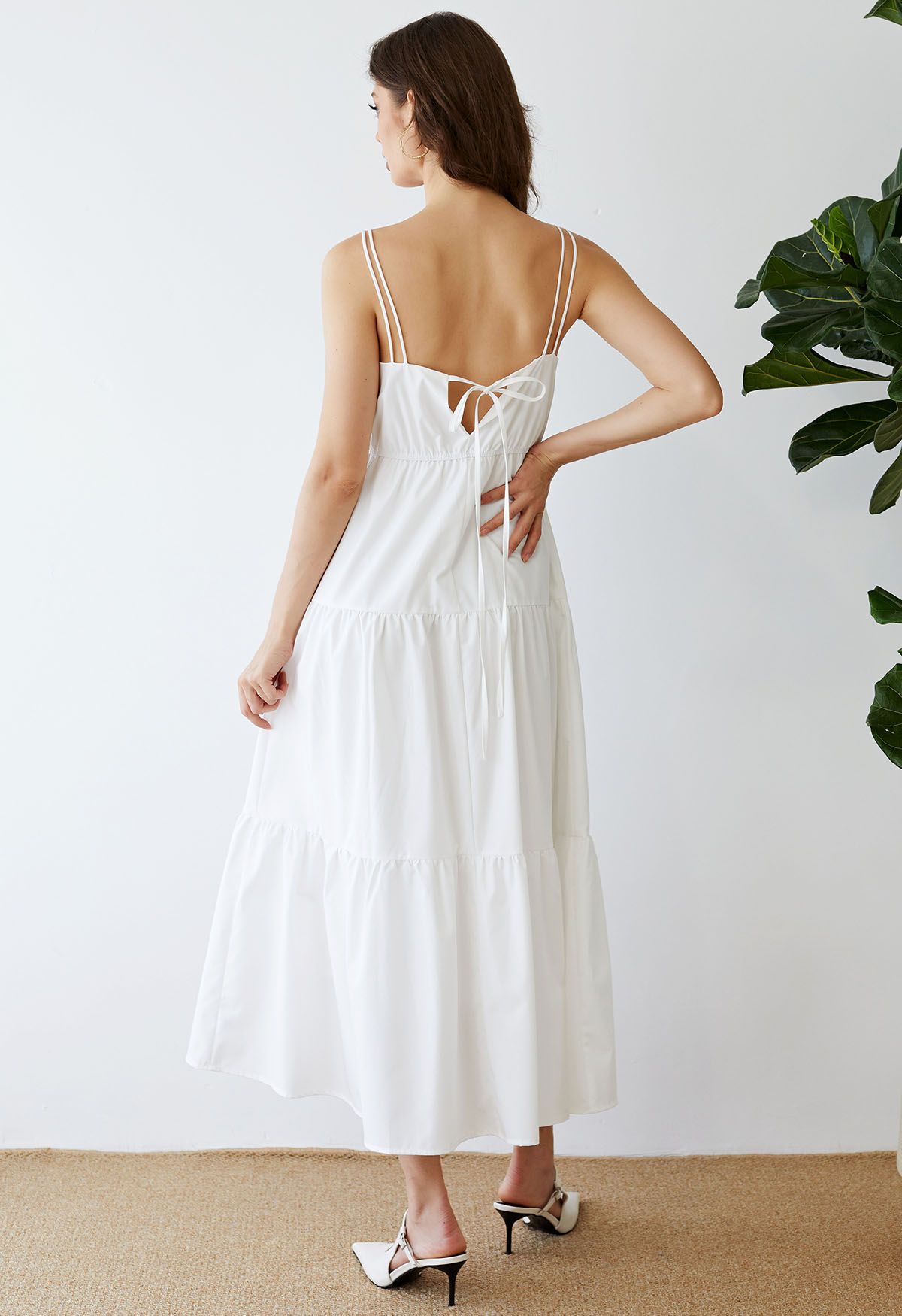 Double Straps Tie-Back Cami Dress in White