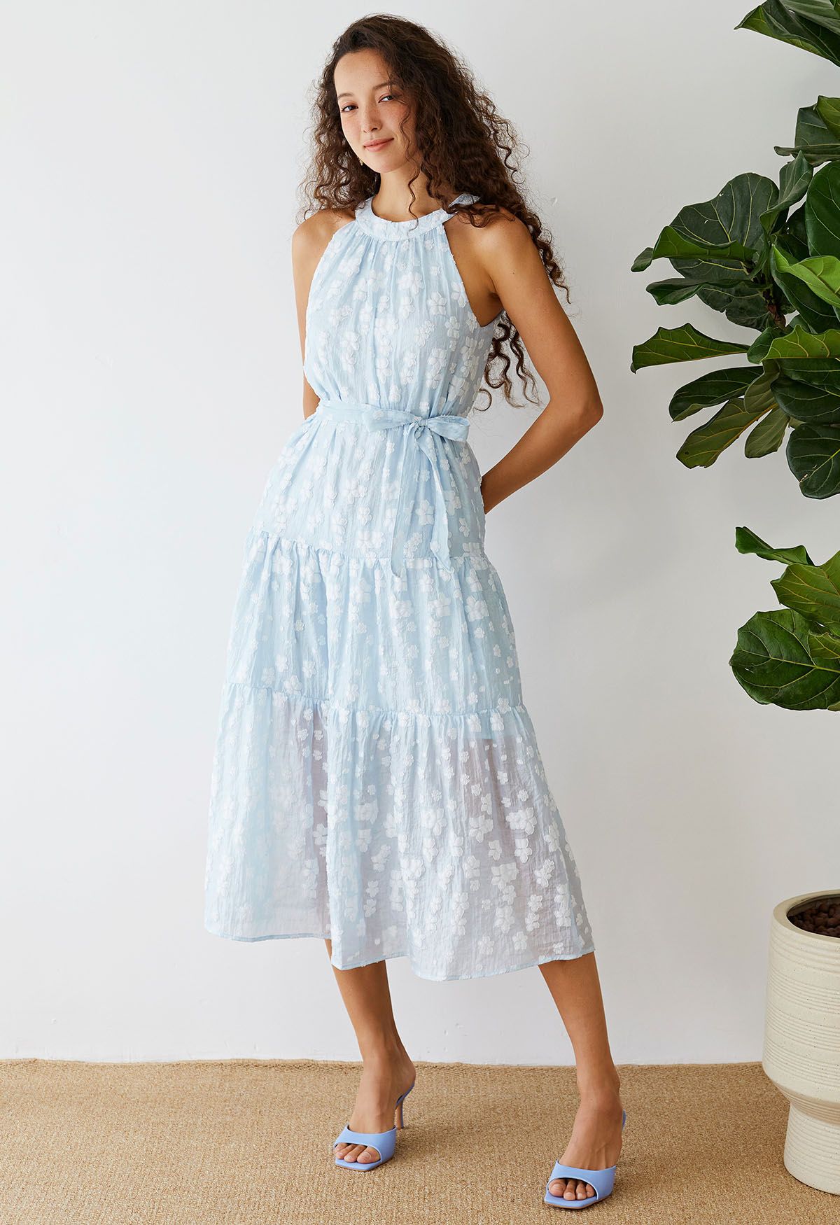 Fashion light blue floral midi dress