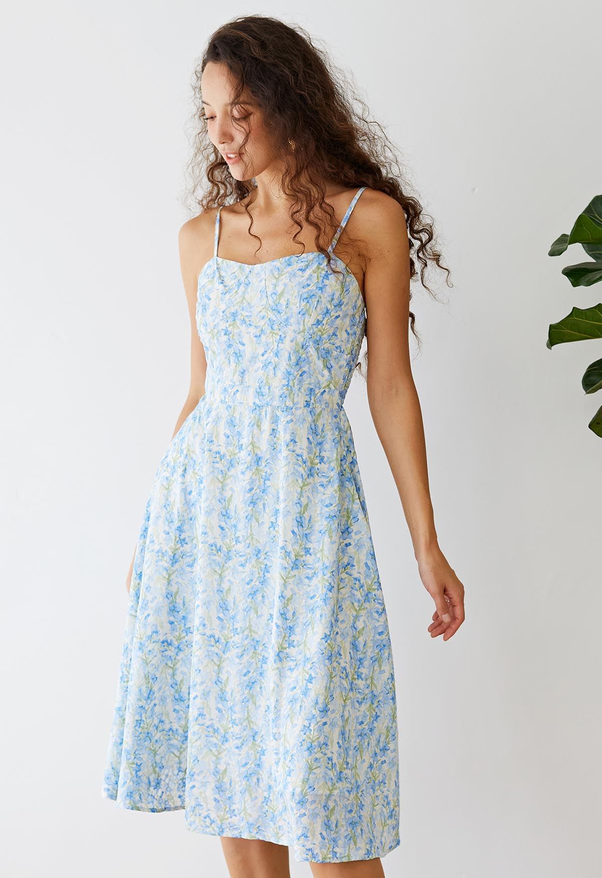 Blue Watercolor Flower Print Cami Dress