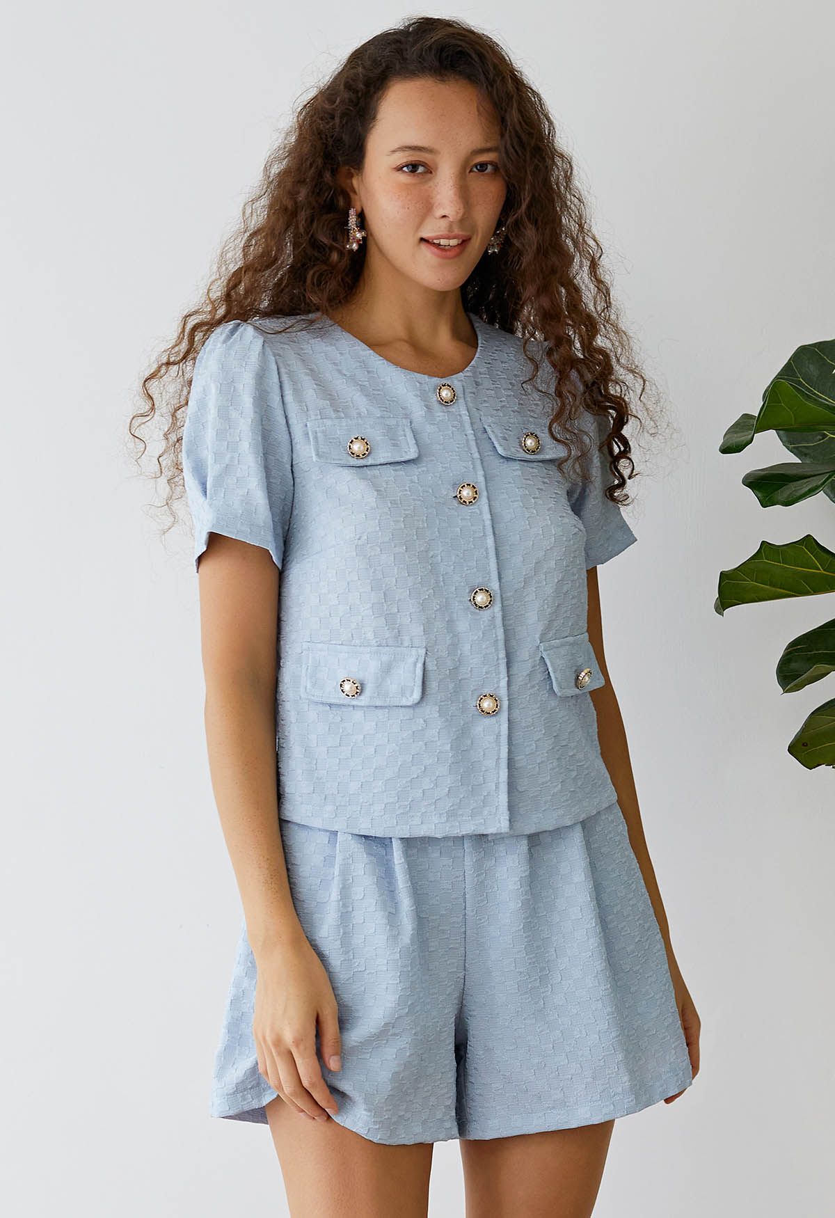 Fake Flap Pockets Button Down Top and Shorts Set in Blue