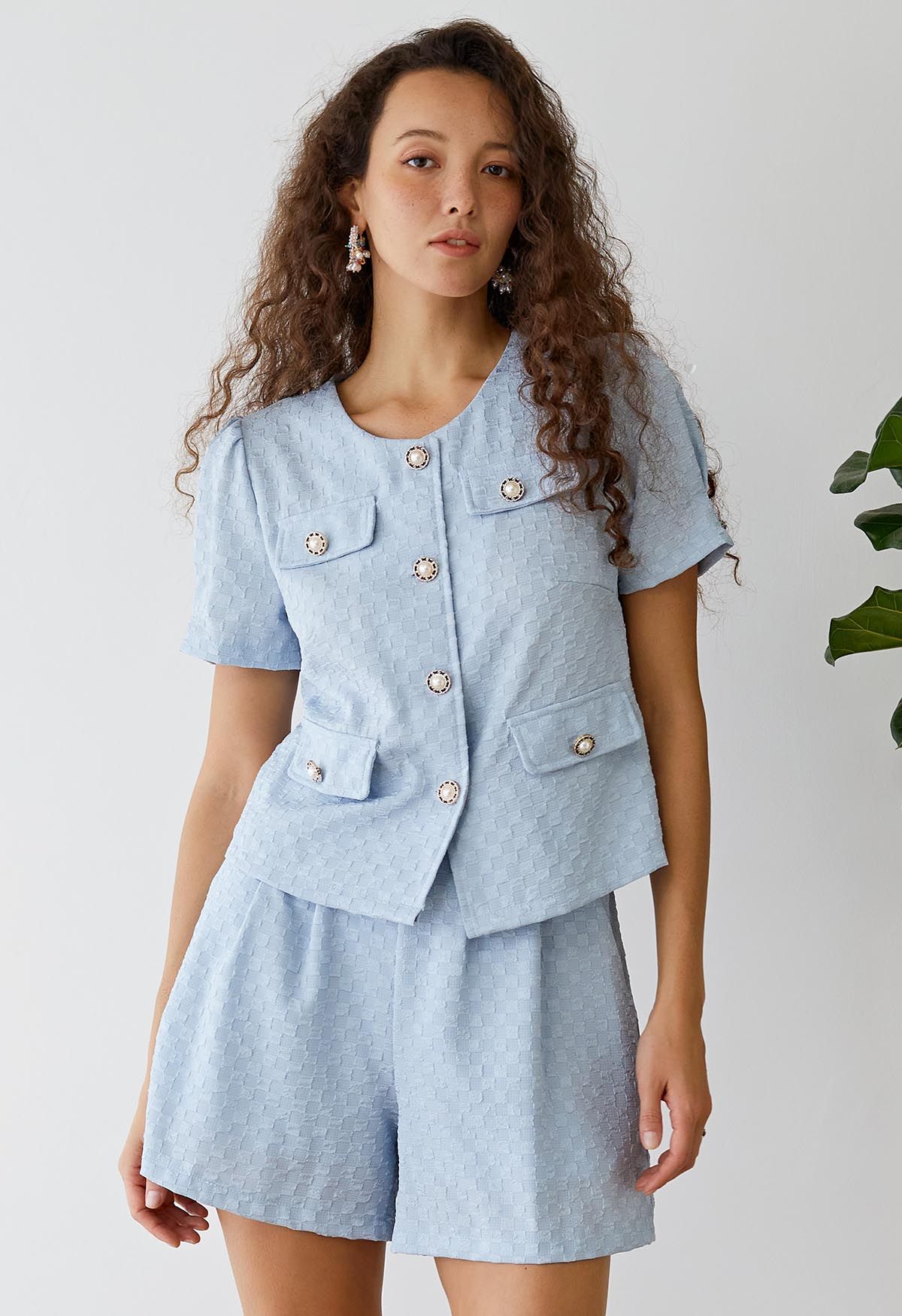 Fake Flap Pockets Button Down Top and Shorts Set in Blue