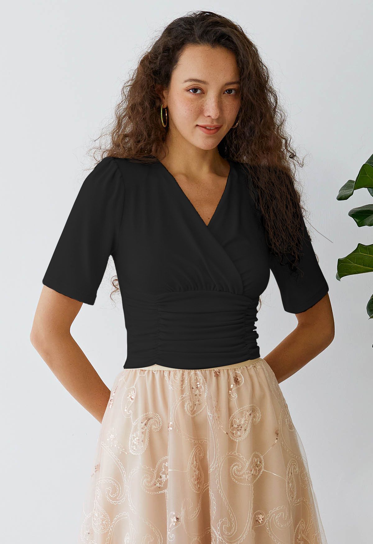 Ruched Waist Faux-Wrap Top in Black - Retro, Indie and Unique Fashion