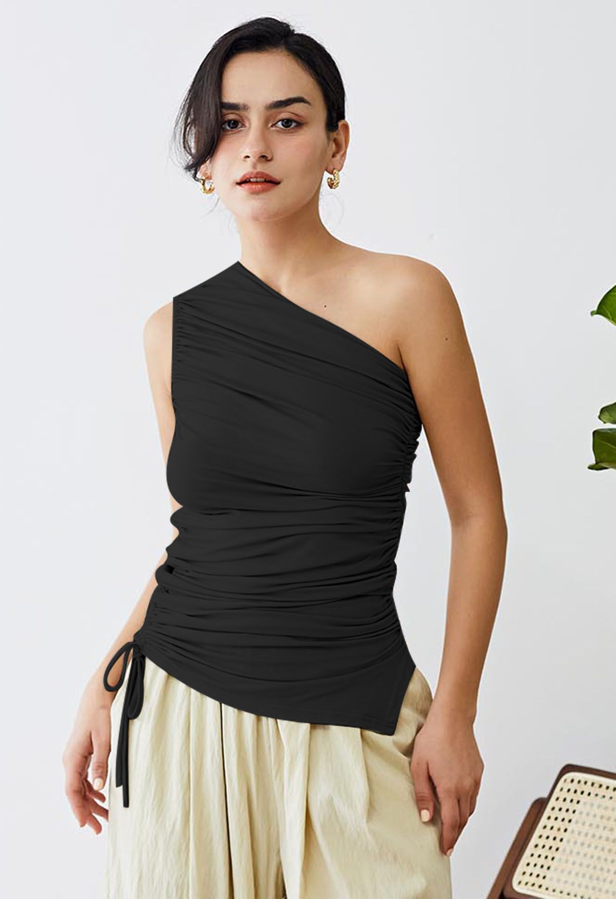 One Shoulder Drawstring Ruched Top in Black