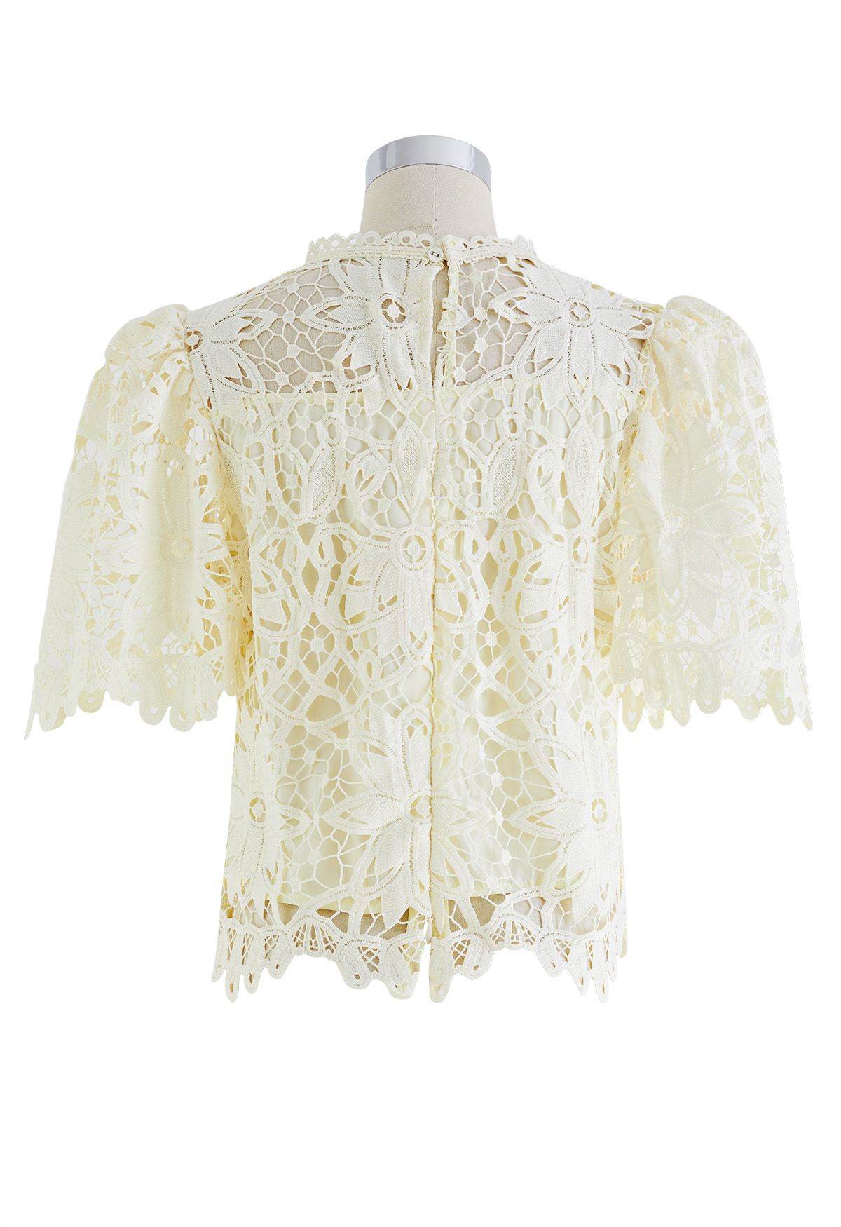 Flower Pattern Crochet Lace Flare Sleeves Top in Cream