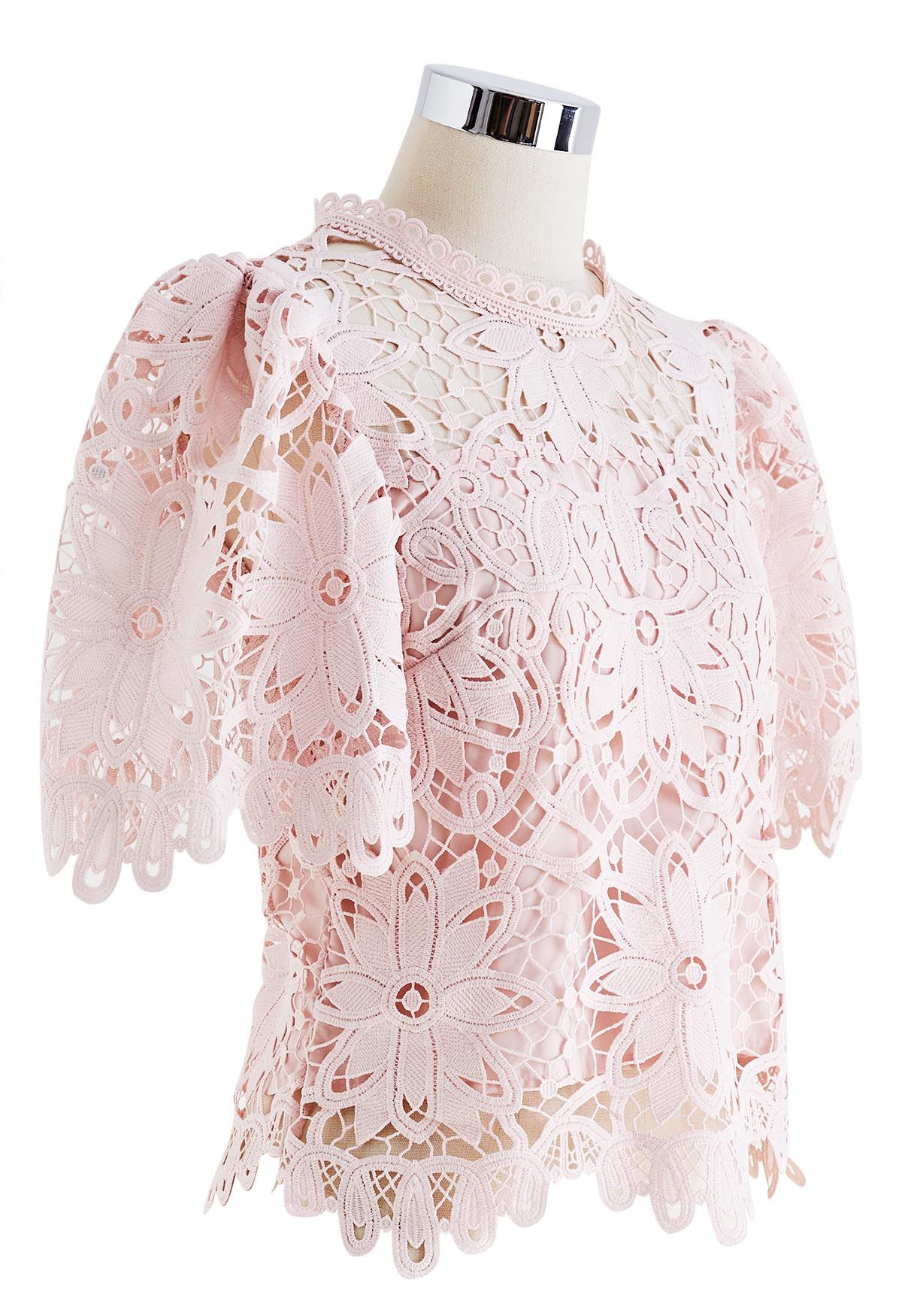 Flower Pattern Crochet Lace Flare Sleeves Top in Pink - Retro