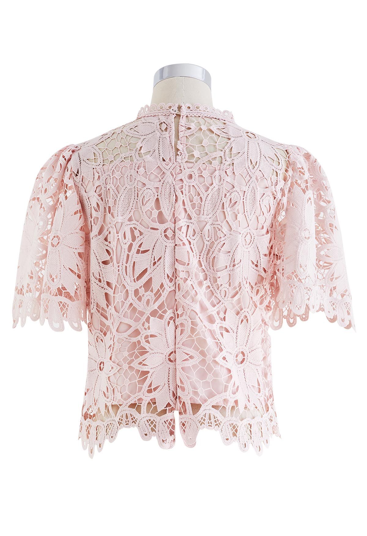 Flower Pattern Crochet Lace Flare Sleeves Top in Pink