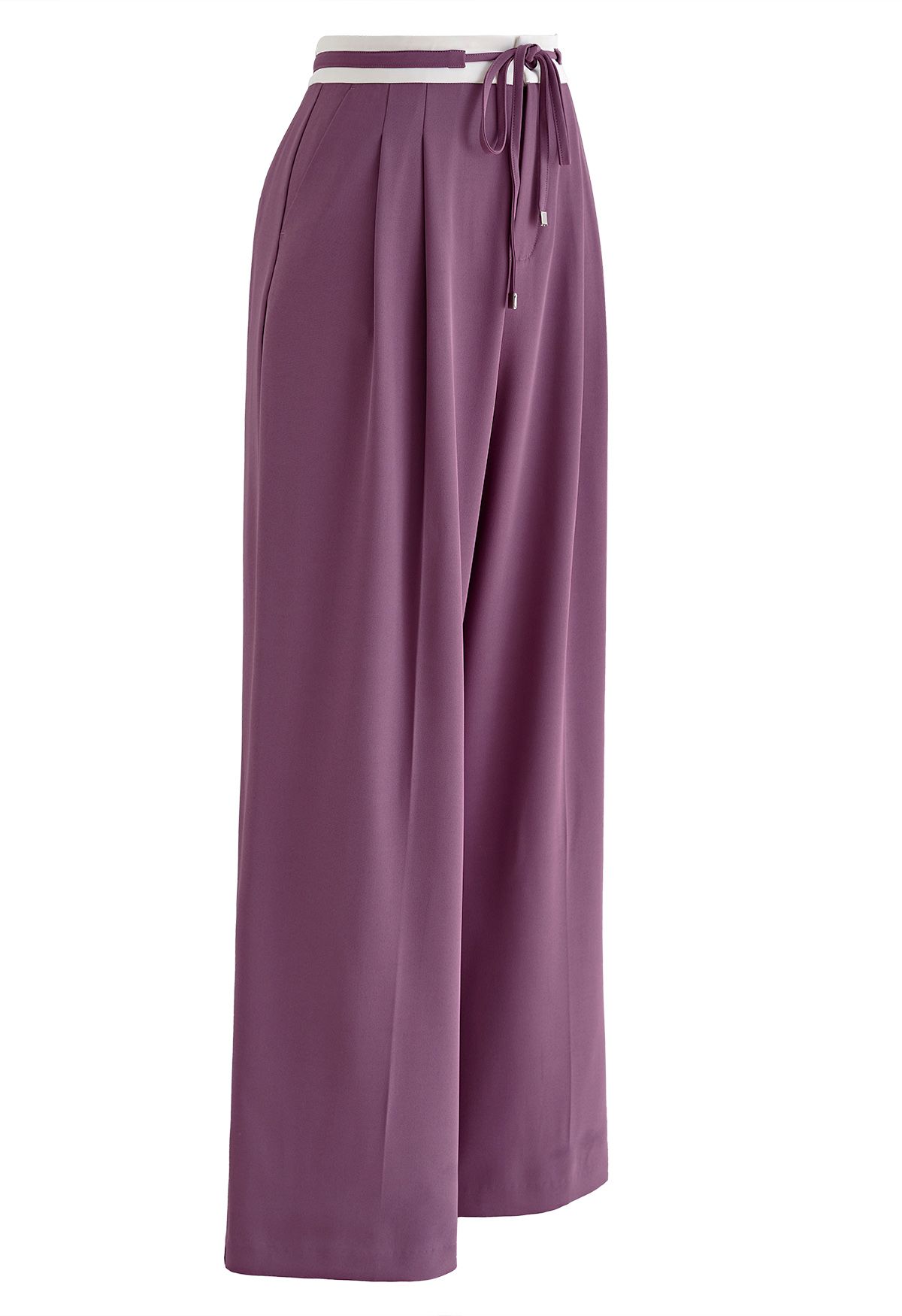 Contrast Drawstring Waist Pleated Straight-Leg Pants in Purple