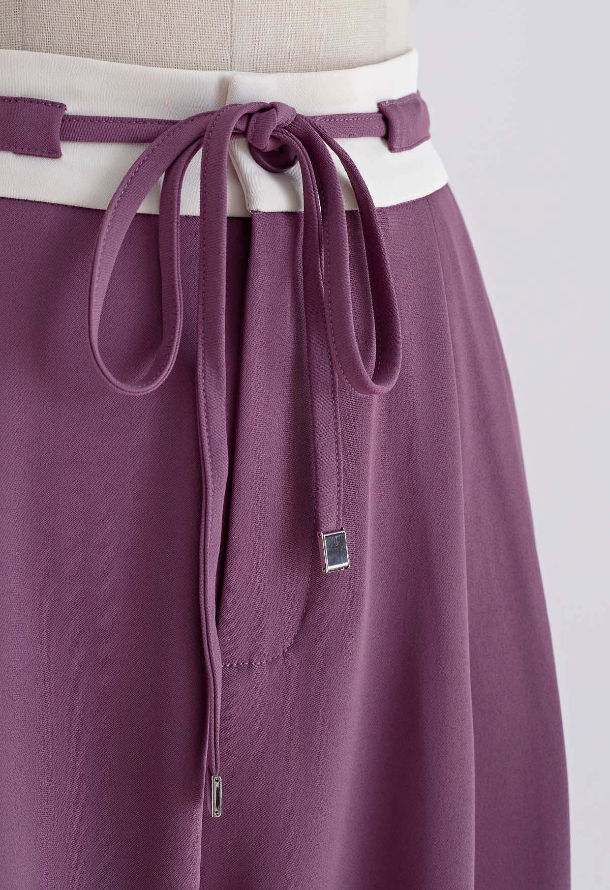 Contrast Drawstring Waist Pleated Straight-Leg Pants in Purple